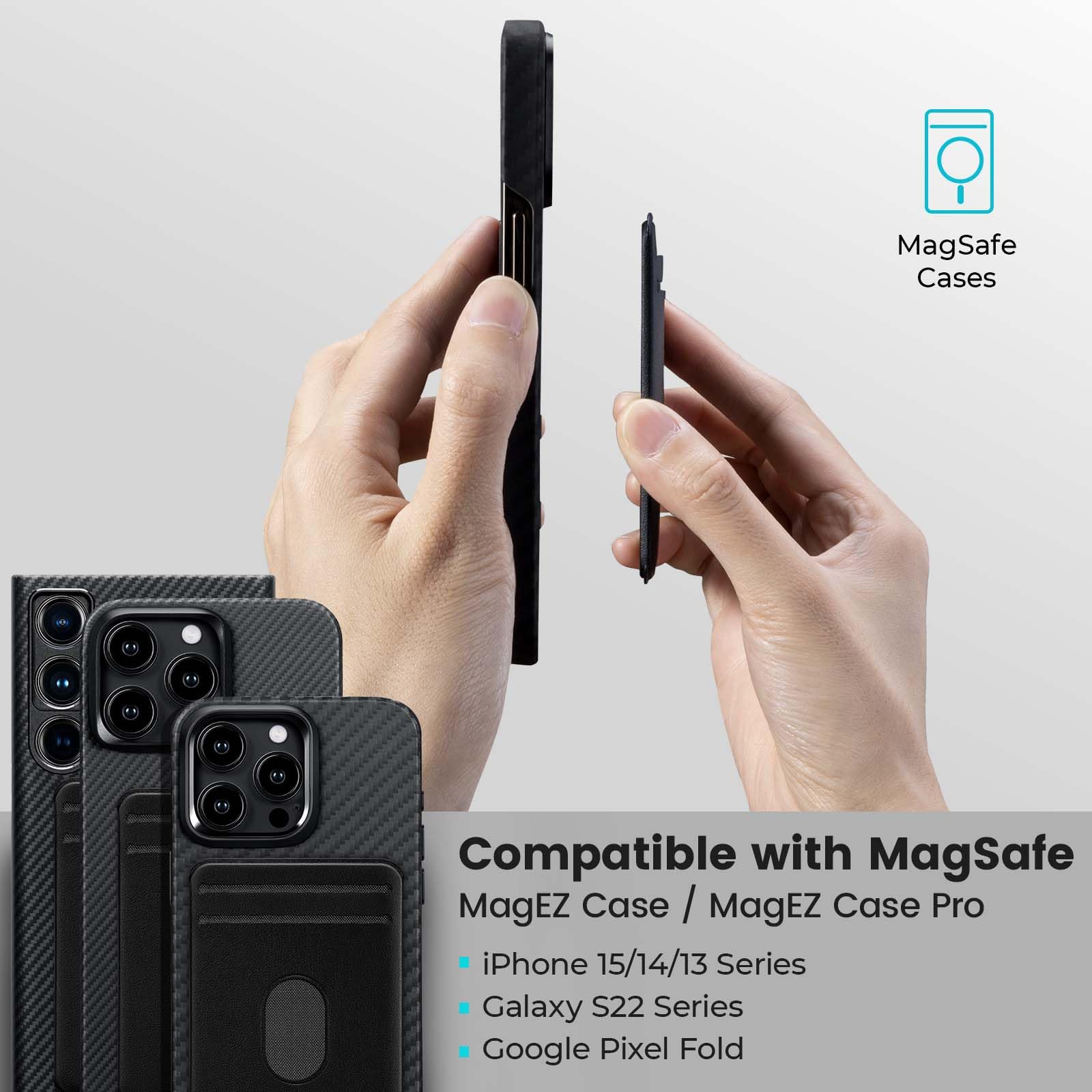 PITAKA MagEZ Card Sleeve 3.0 - Magnetic Stick-on Wallet for iPhone 16/15/14/13 & Galaxy S24/S23/S22 - Slim PU Leather Credit Card Holder with Magsafe Compatibility - Perfect for Business Cards, ID, and Contactless Payments (Black)