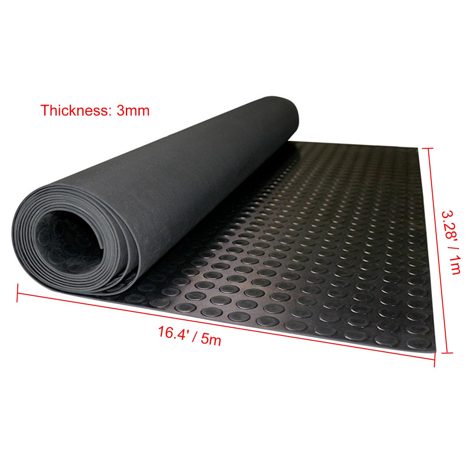 MYOYAY 1/8in Thick Non-Slip Rubber Garage Floor Mat - 3.28 x 16.4 Ft Coin Pattern Roll for Car Parking, Workshop & Gym - Durable Black Garage Flooring Mats for Protection & Safety