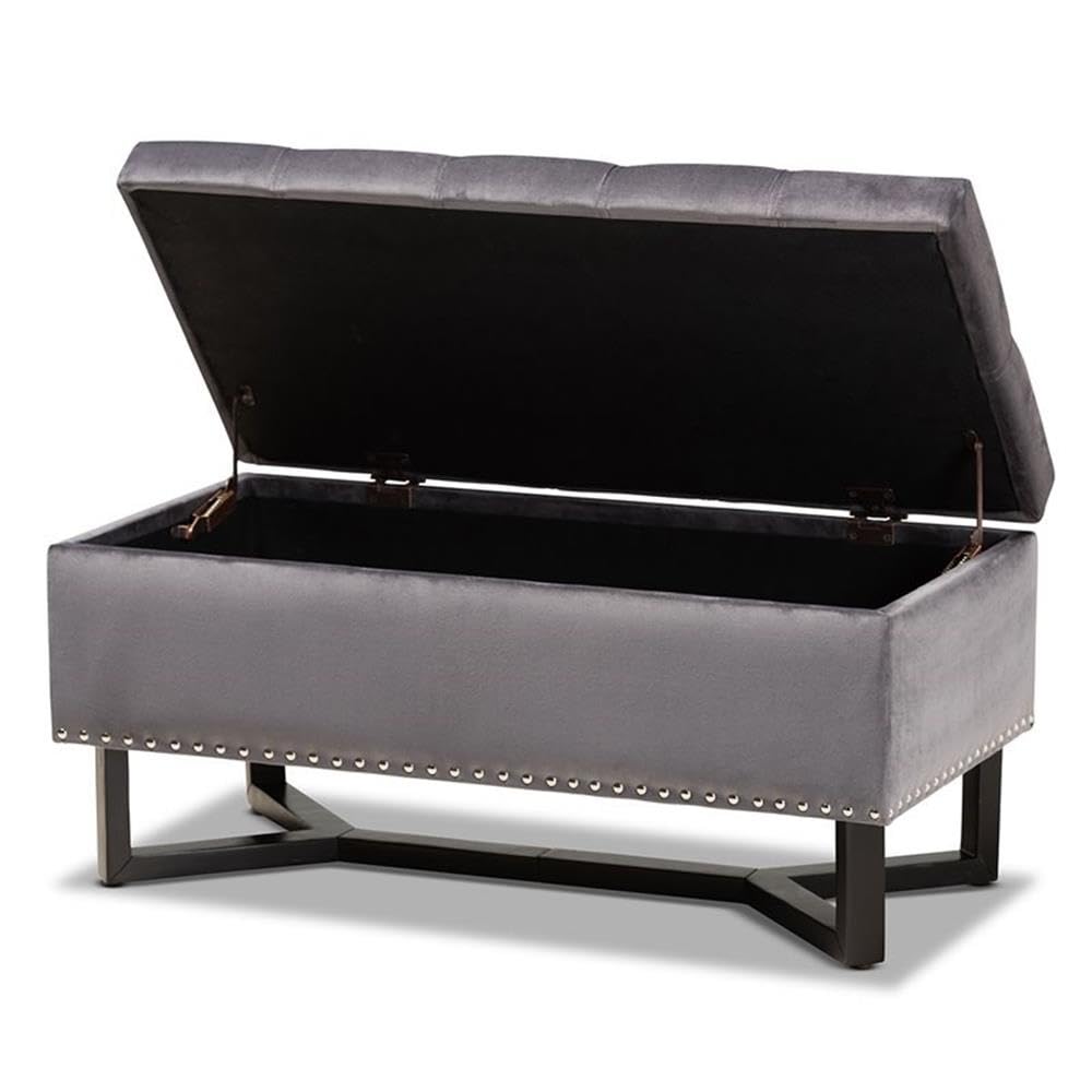BOWERY HILL Grey Velvet Upholstered Storage Ottoman with Brown Wooden Legs - Perfect for Living Room, Bedroom, or Entryway Organization