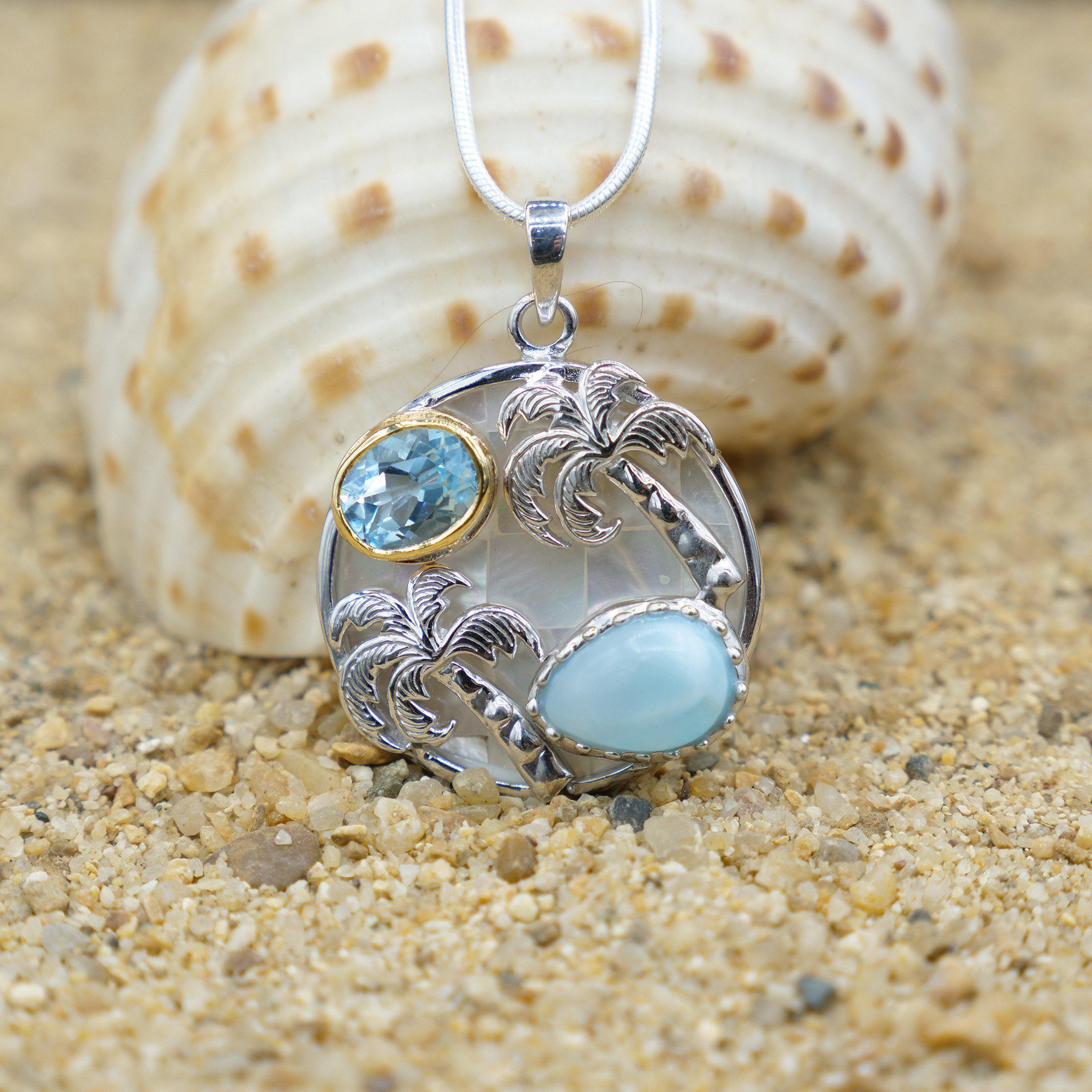 Caribbean Larimar Palm Tree Necklace - Handmade Sterling Silver Pendant with Genuine Larimar Stone - Perfect for Beach Vacations, Summer Outfits & Tropical-Themed Gifts