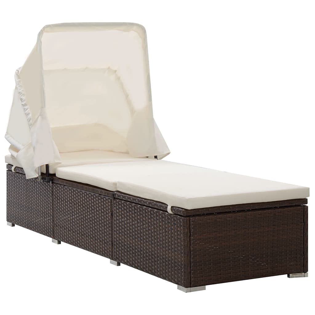 Outdoor Patio Furniture Sunbed - Rattan Sun Lounger with Canopy & Cushion, Brown - Fast Shipping | Perfect for Poolside Relaxation, Garden Lounging & Backyard Sunbathing
