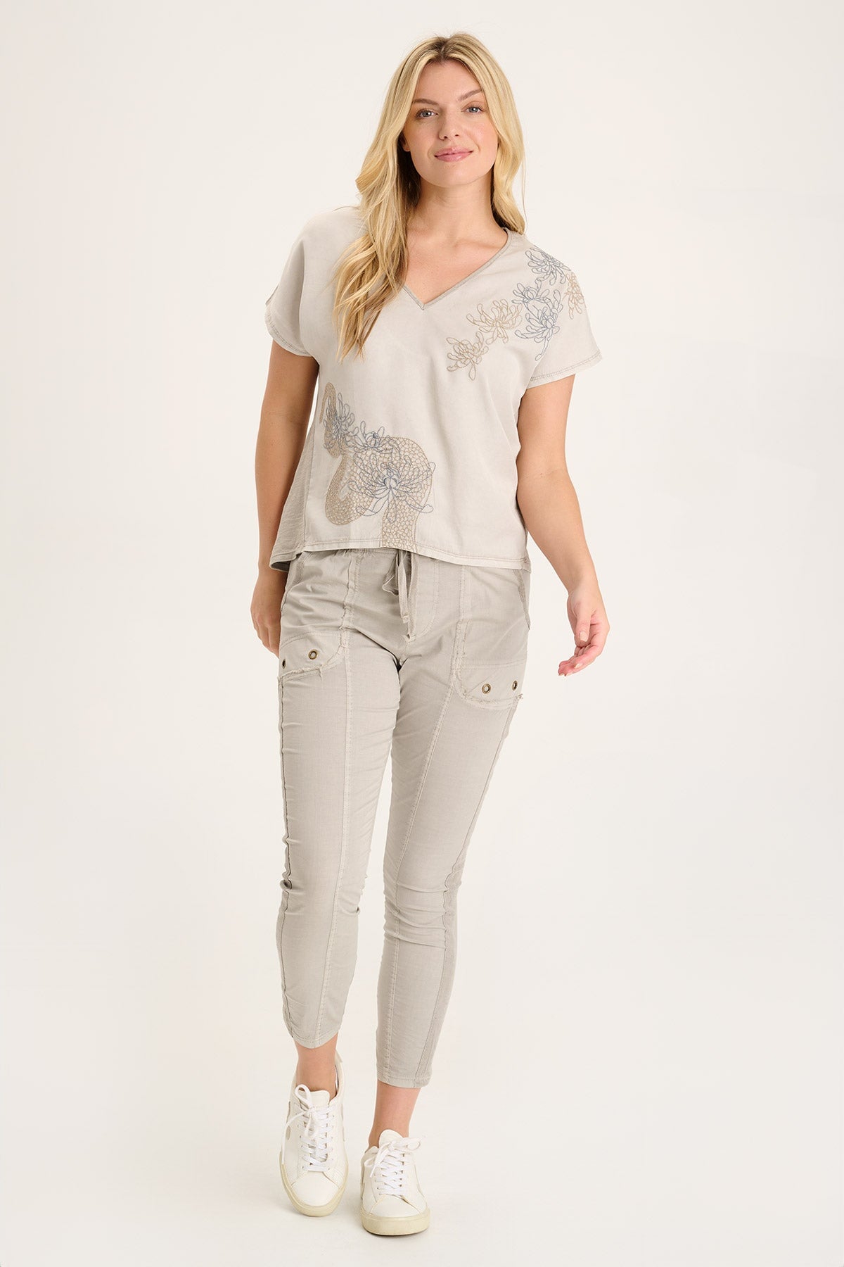 Jolina Women's Twill V-Neck Embroidered T-Shirt - Casual Comfort Top for Everyday Wear, Work & Weekend Outfits
