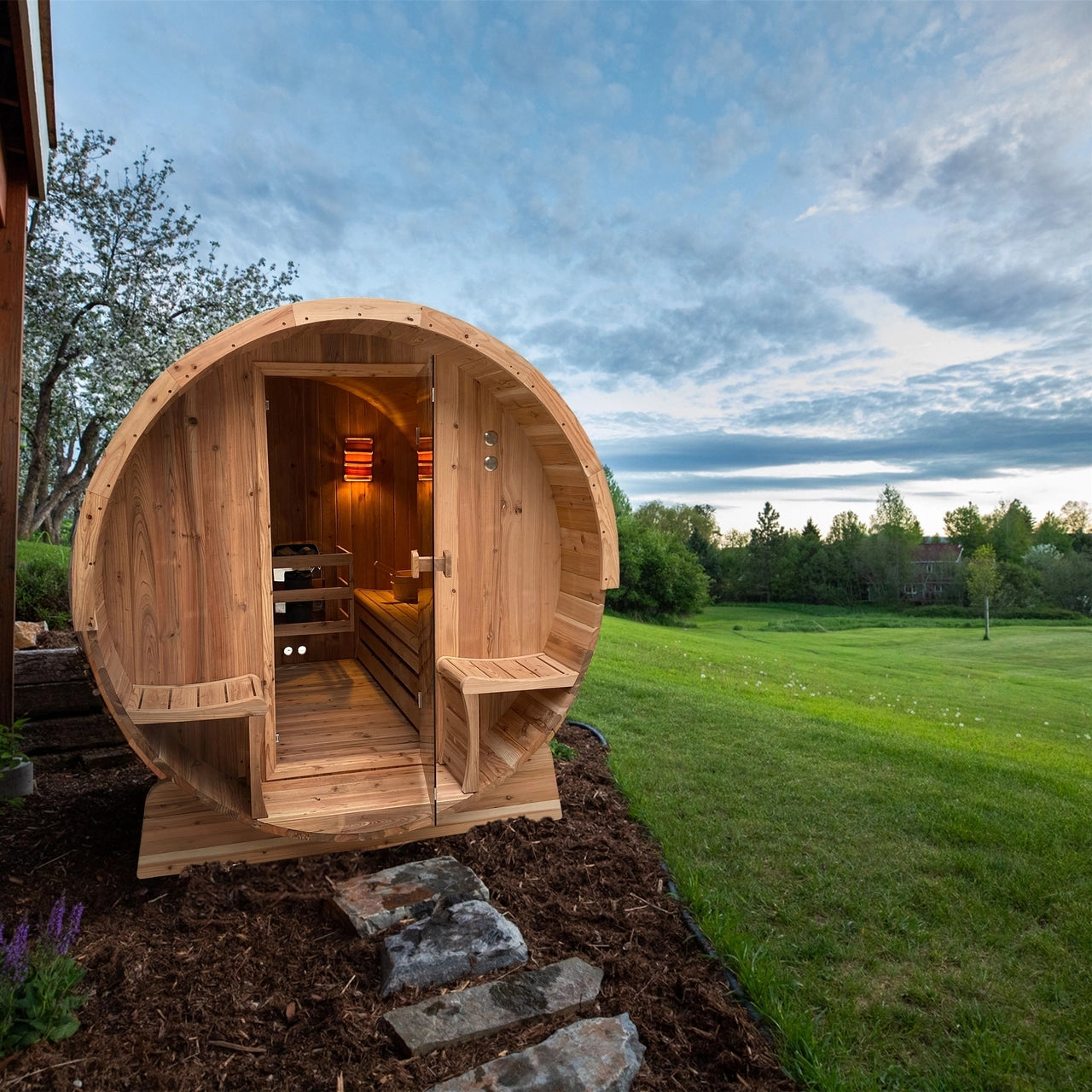 Aleko Outdoor Rustic Cedar Barrel Steam Sauna for 4 People - ETL Certified Front Porch Canopy - Perfect for Backyard Relaxation, Spa Day & Home Wellness Retreats