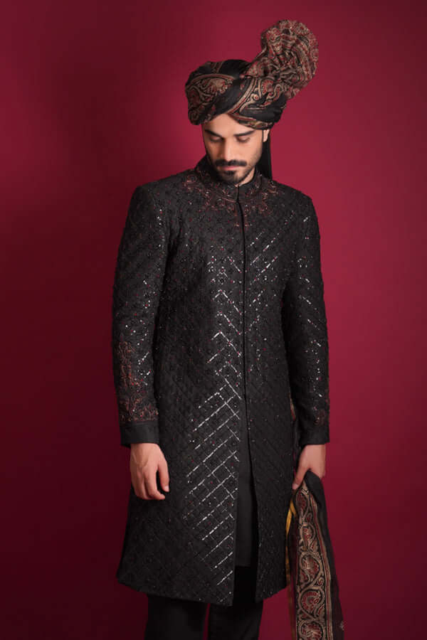 Elegant Jet Black Sherwani with Jewel Tones | Premium Indian Wedding Attire for Groom & Groomsmen | Perfect for Weddings, Festivals & Special Occasions