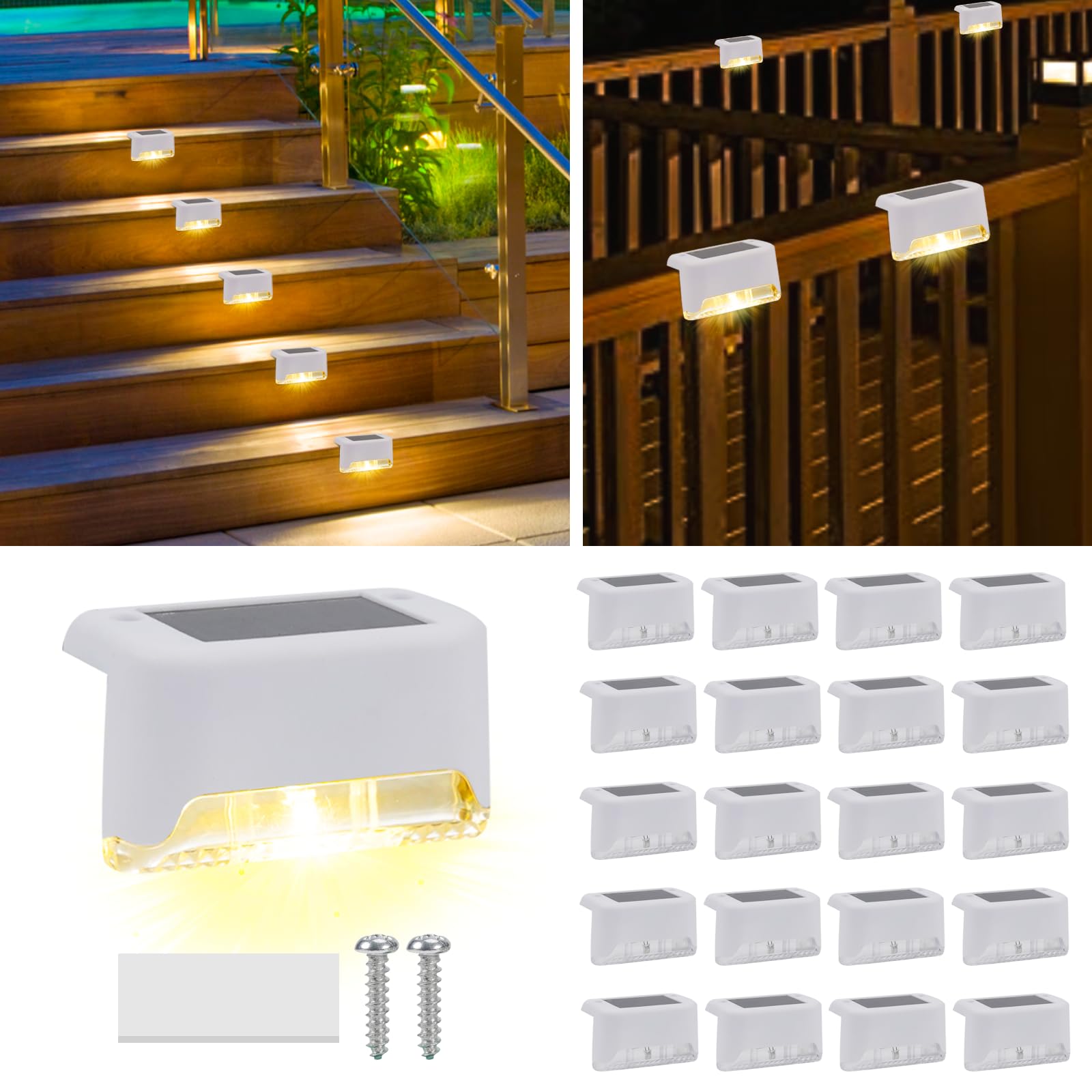 20 Pack Solar Deck Lights Outdoor - Waterproof LED Step Lights for Stairs, Railings, Fence - No Drill Installation for Patio, Garden, Pool & Balcony Decor (White Shell) | Perfect for Pathway, Driveway & Landscape Lighting at Night