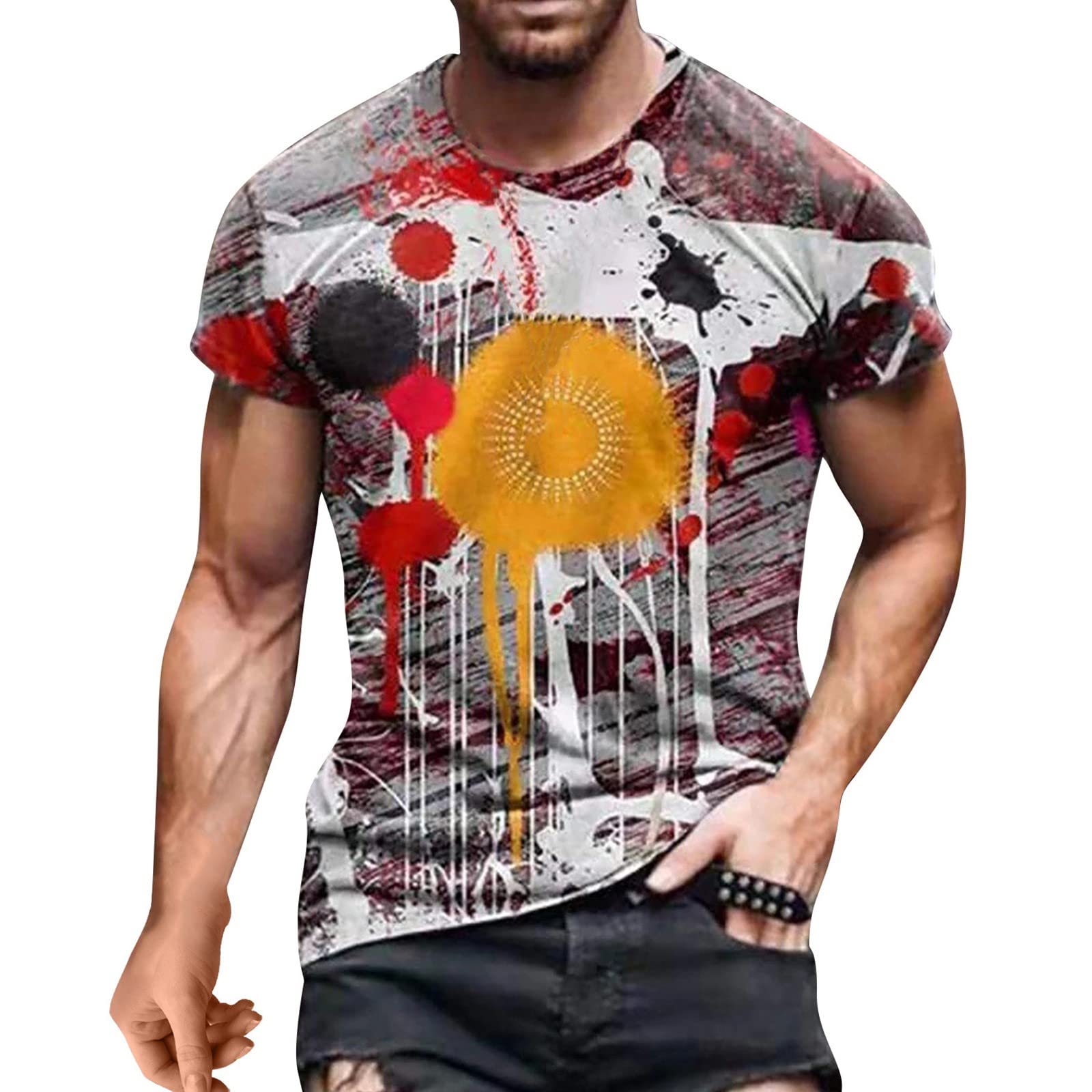 Keepfit Men's Digital Print Button Down V-Neck Short Sleeve T-Shirt - Casual Summer & Spring Fashion Top for Outdoor Activities and Daily Wear