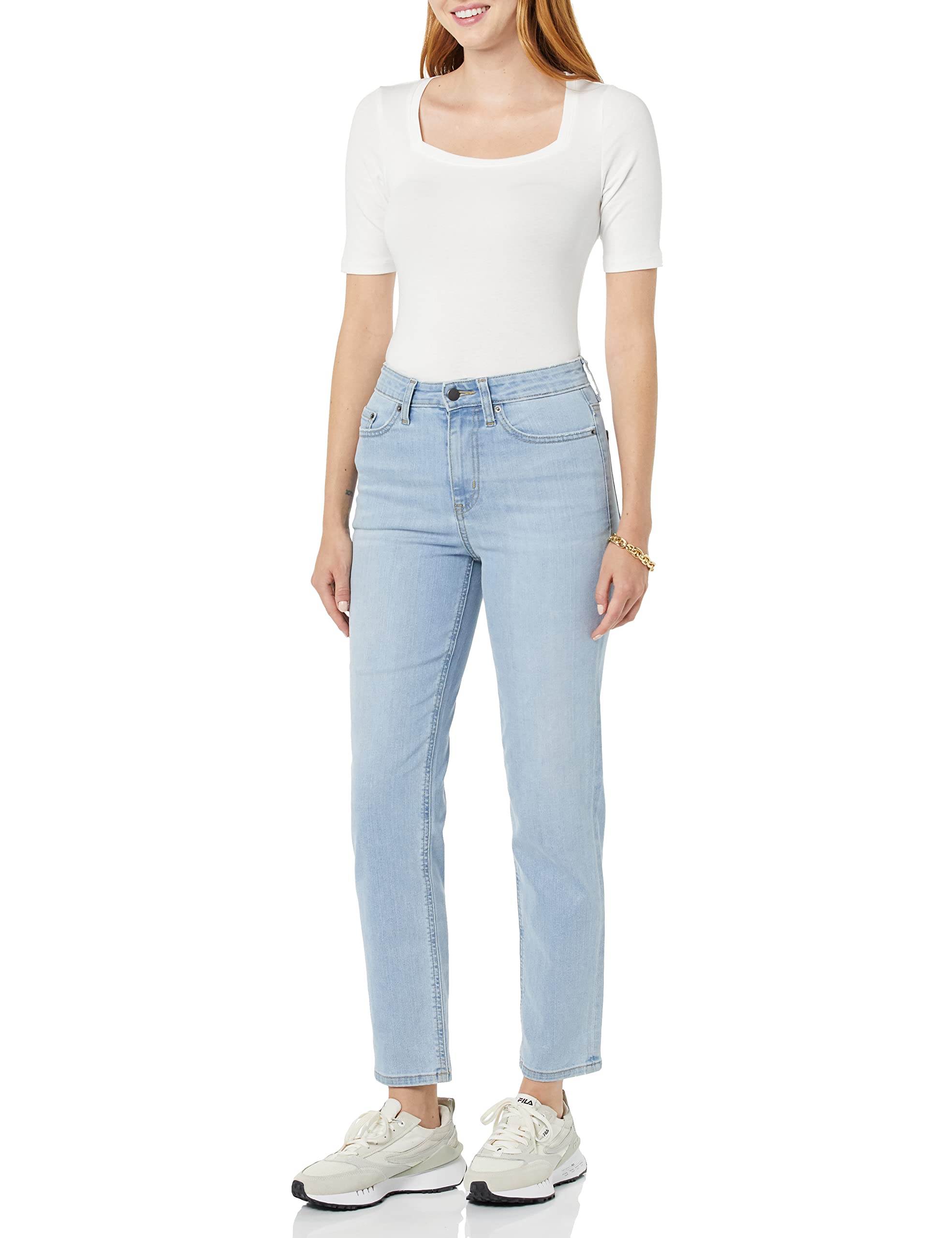 Amazon Essentials Women's High-Rise Straight Leg Jeans - Comfortable Stretch Denim Pants for Casual Wear & Everyday Outfits