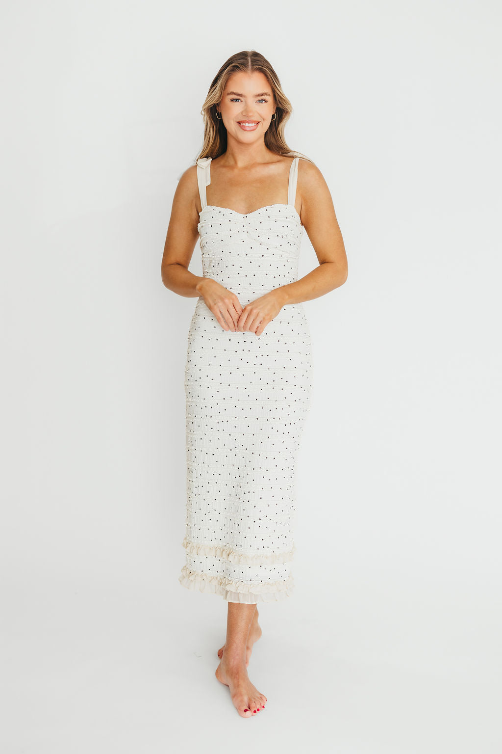 Maddie Tie Strap Ruffled Midi Dress for Women - Elegant Ivory Floral Summer Dress with Adjustable Straps | Perfect for Weddings, Parties & Date Nights