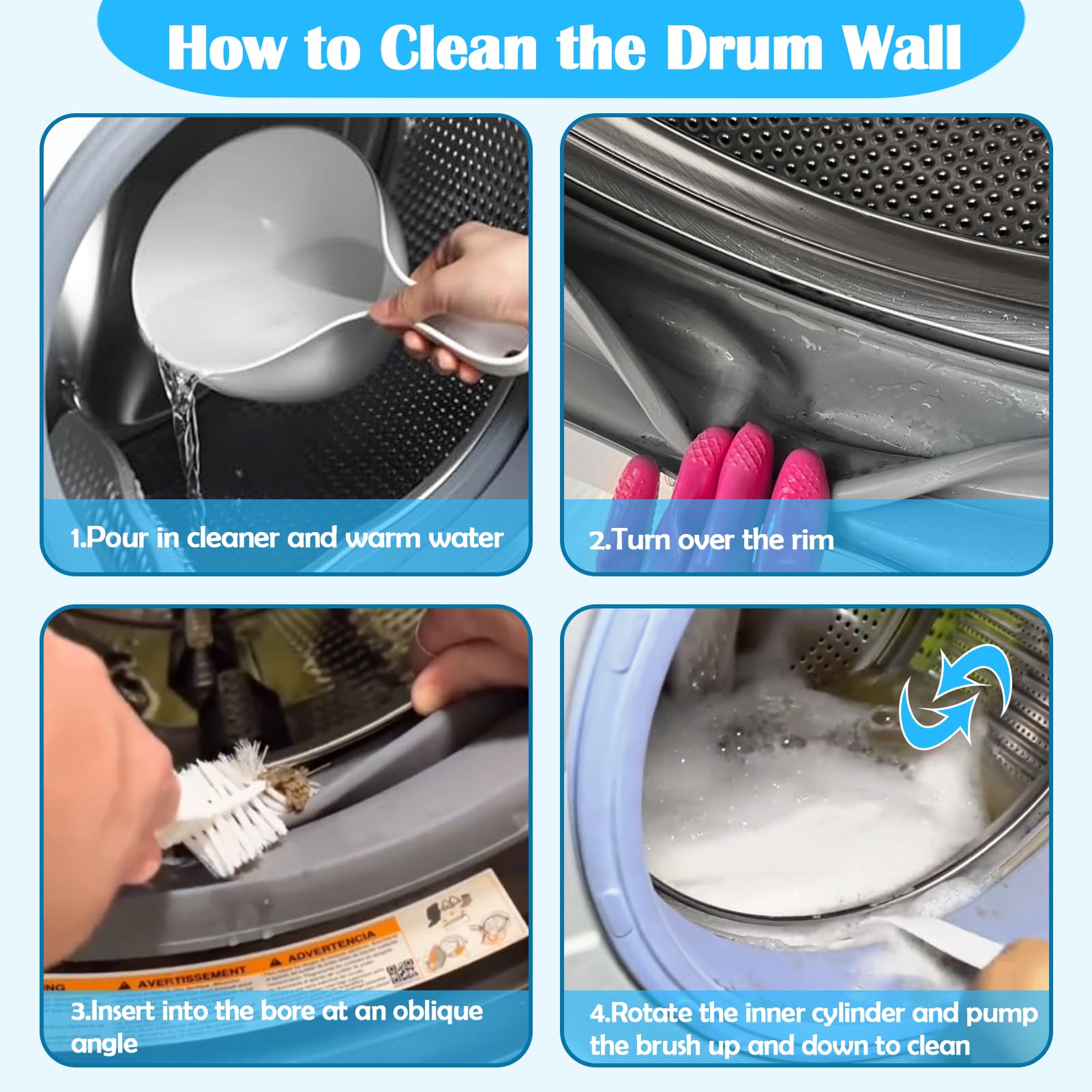 XANGNIER Washing Machine Cleaning Brush Kit - Front Load Washer Cleaner Tool with 1 Drum Brush & 5 Crevice Brushes for Tight Spaces & Rubber Seal - Perfect for Deep Cleaning Front-Loading Washing Machines & Removing Mold & Lint
