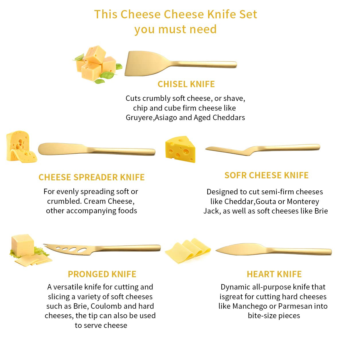 Premium 5-Piece Gold Cheese Knife Set - Titanium Plated Cheese Slicer & Butter Spreader - Ergonomic Handle for Comfortable Cutting - Perfect for Cheese Boards, Charcuterie & Dinner Parties