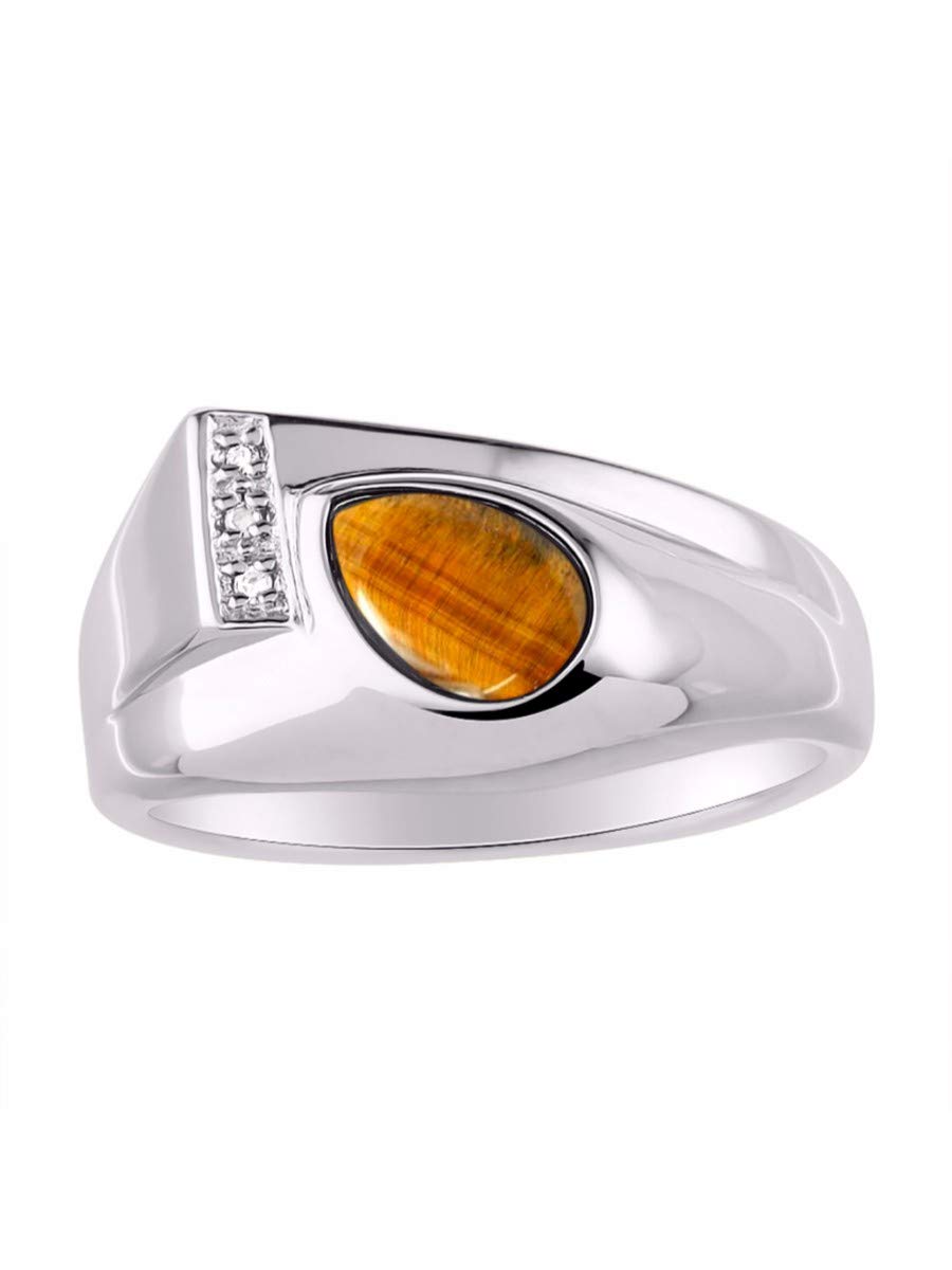Rylos Men's Pear Shape Cabochon Gemstone & Diamond Rings - Sterling Silver Tear Drop Rings for Men (Sizes 8-13) | Elegant Wedding, Anniversary & Formal Jewelry Gift for Him