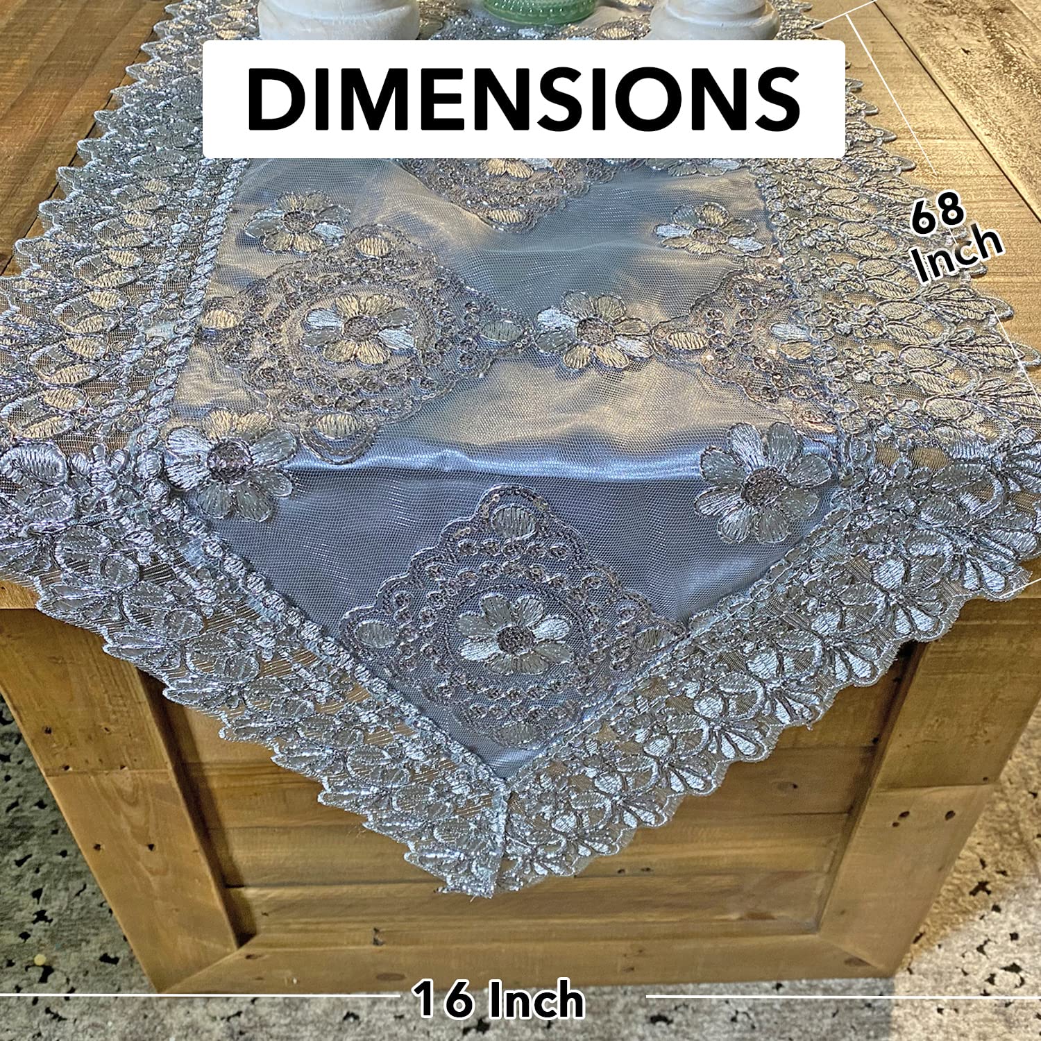 72 Inch Grey Farmhouse Table Runner - Embroidered Boho Style Polyester Dining Table Decor for Kitchen, Wedding, Birthday | Rustic Lace Tablecloth for Home Decor & Special Occasion Gifts