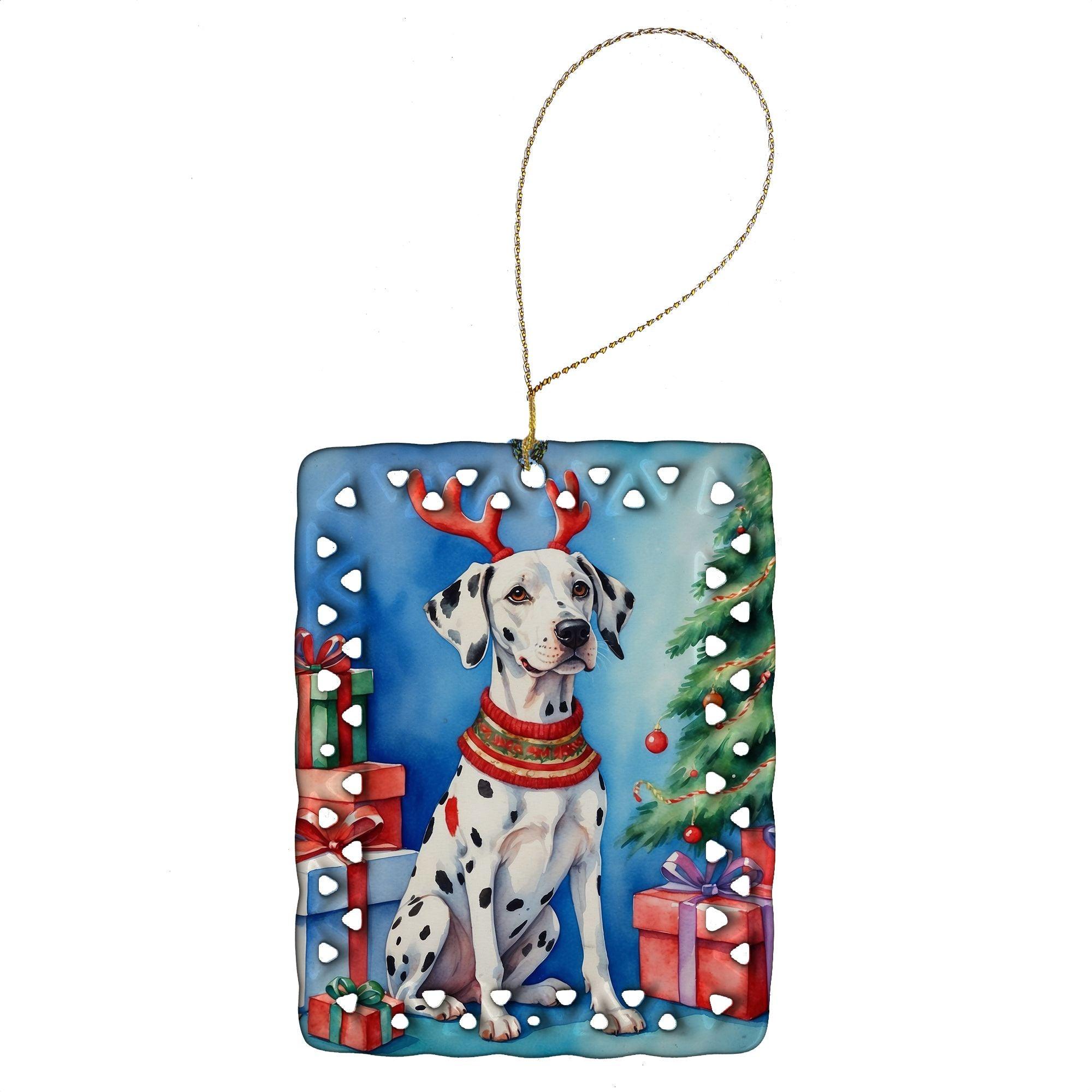 Dalmatian Christmas Reindeer Porcelain Ornament - Handmade Holiday Tree Hanging Decor for Home, Festive Gift (Rectangle, Multicolor) | Perfect for Christmas Tree Decorations, Holiday Party Favors & Seasonal Home Decor