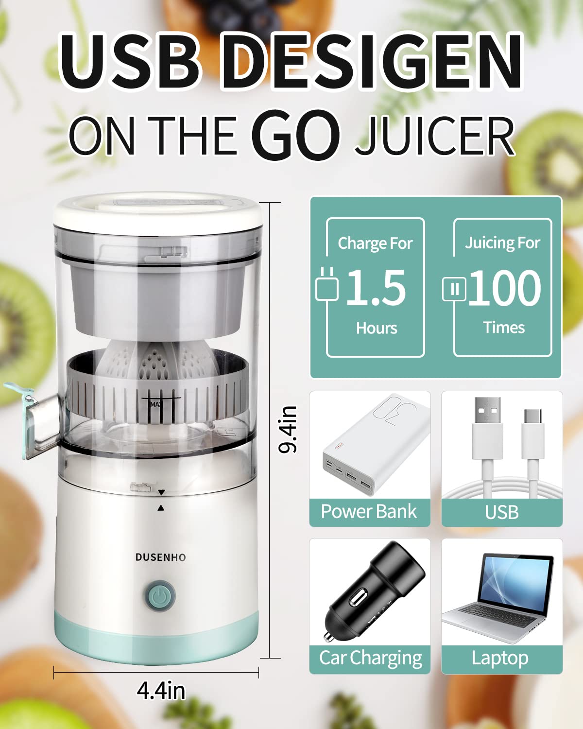 Rechargeable Citrus Juicer - Portable USB Electric Juicer with Cleaning Brush for Orange, Lemon, Grapefruit - Perfect for Kitchen, Camping & Travel