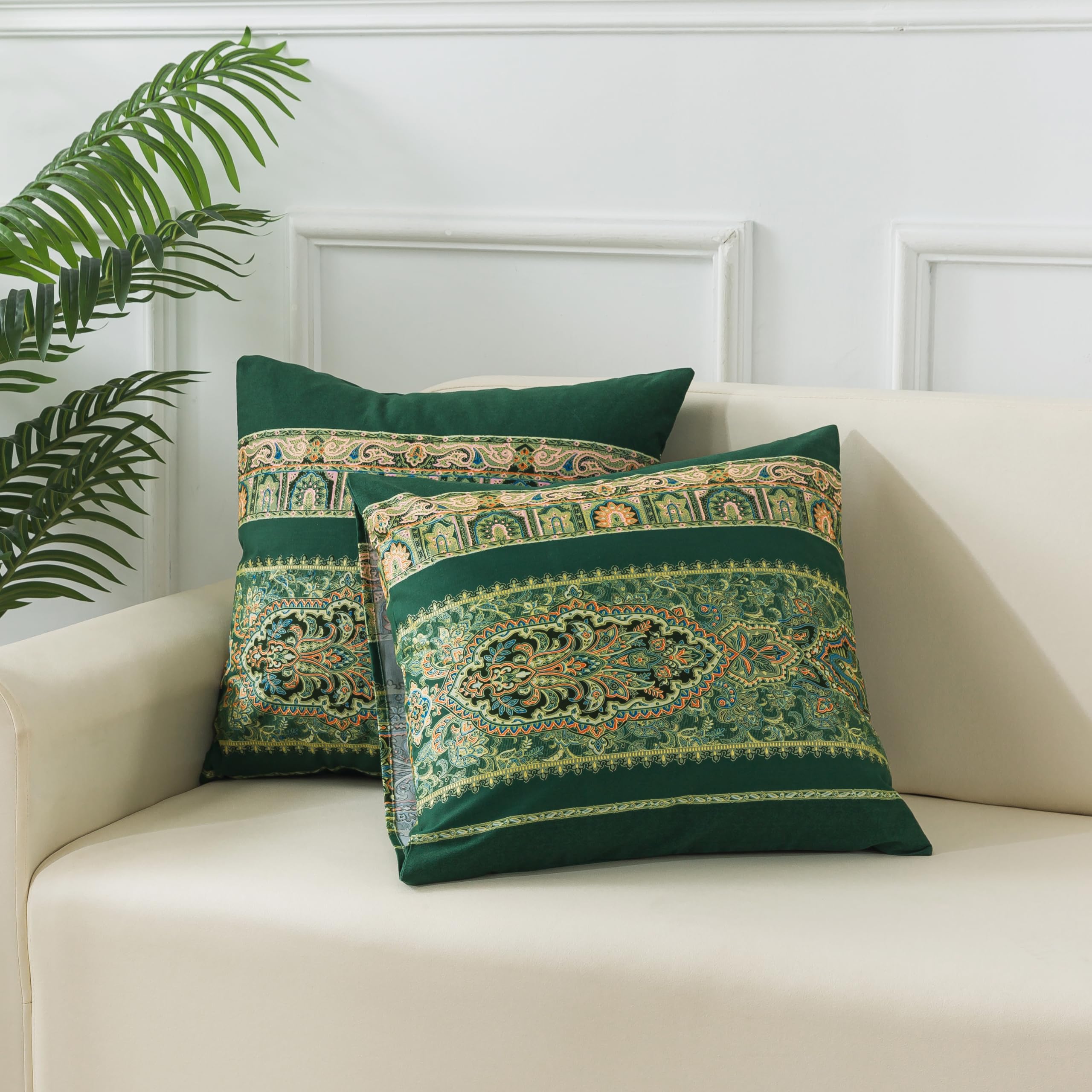 Softta Green Boho Paisley 16x16 Inches Square Pillow Covers Set of 2 - 100% Brushed Cotton Decorative Throw Pillow Cases (No Insert) - Perfect for Bohemian Living Room, Bedroom & Outdoor Decor