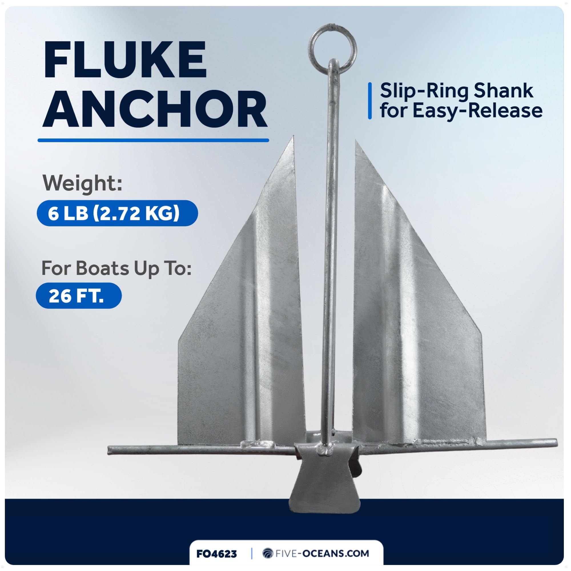 Five Oceans Heavy-Duty Galvanized Steel Fluke Boat Anchor with Slip Ring - Perfect for Kayaks, Dinghies, Paddleboards, Canoes & Personal Watercrafts (Multiple Sizes Available) - Ideal for Fishing, Boating & Water Sports Adventures
