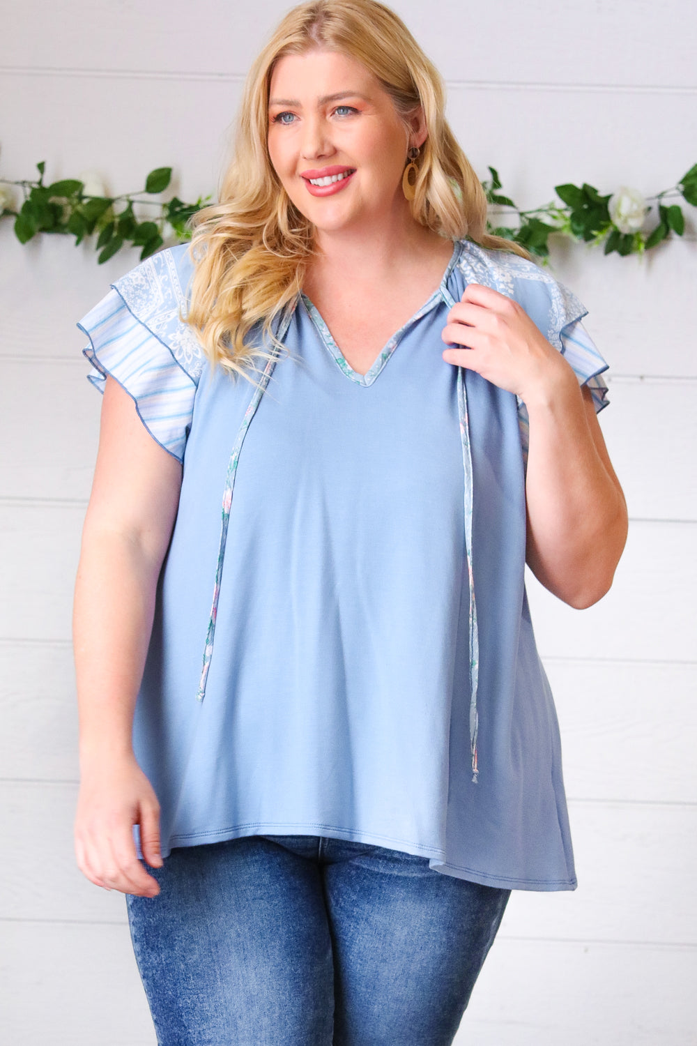 Blue Floral & Stripe V-Neck Tie Double Flutter Sleeve Blouse for Women | Summer Casual Tops for Work, Date Night & Outdoor Activities