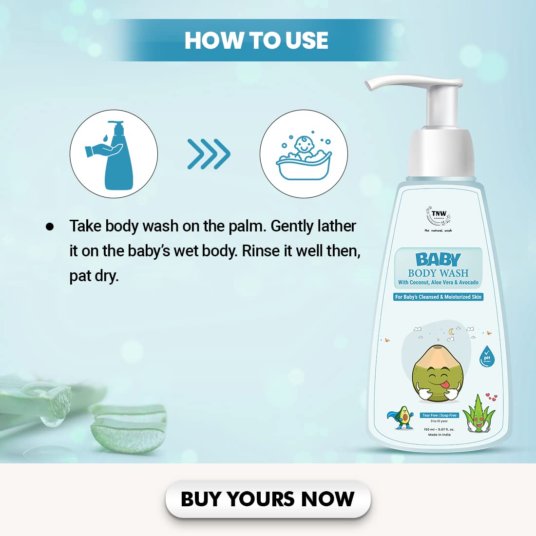 TNW The Natural Wash Baby Body Wash for Moisturized Skin - Gentle Coconut, Aloe Vera & Avocado Formula | Hypoallergenic & Tear-Free for Newborns to 10 Years | Perfect for Daily Bath Time & Sensitive Skin Care