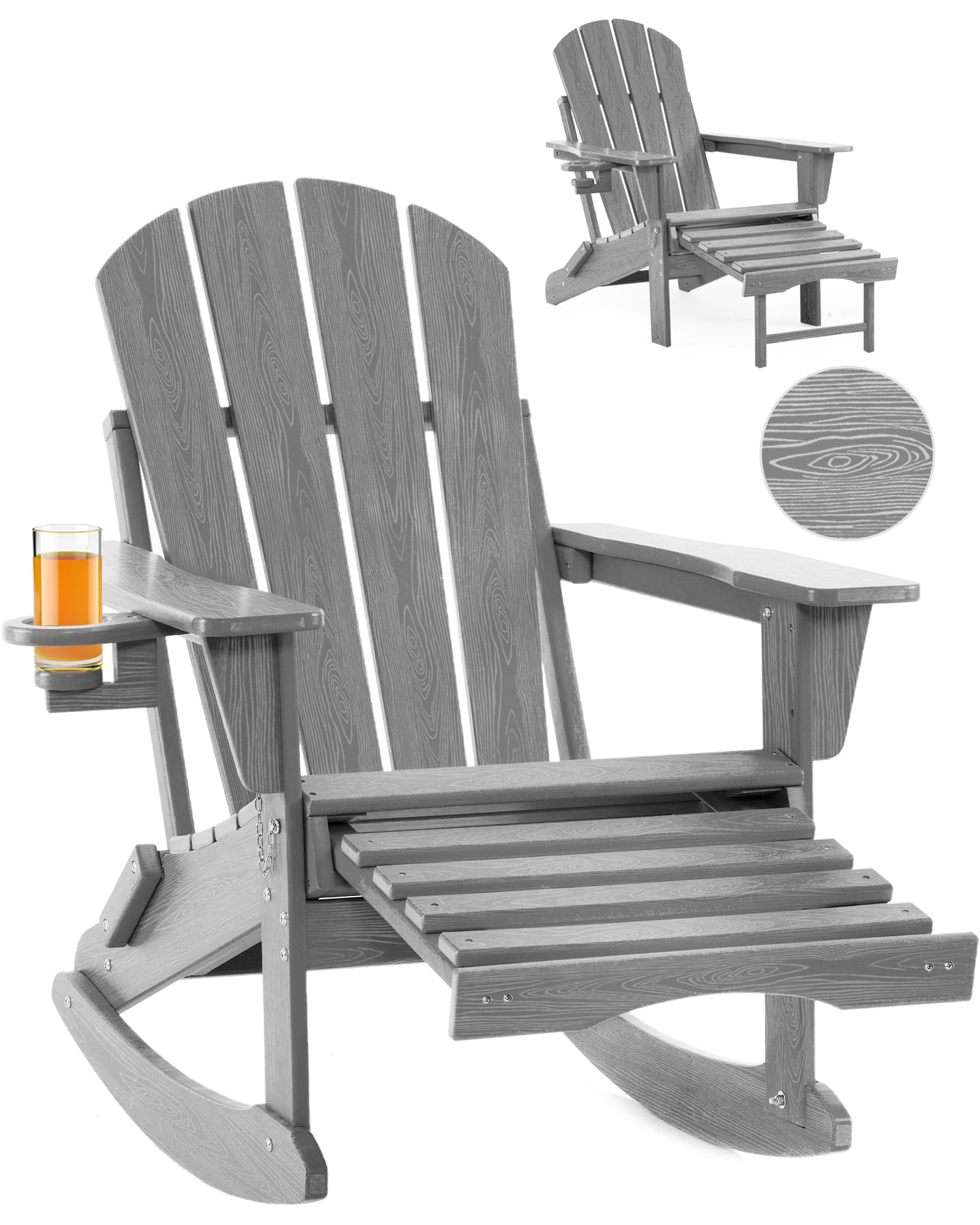 4-in-1 Folding Adirondack Rocking Chair with Ottoman - Wood Texture Patio Chair for Outdoor Relaxation in Backyard, Porch, Poolside & Garden (Grey) - Perfect for Lounging, Sunbathing & Entertaining Guests