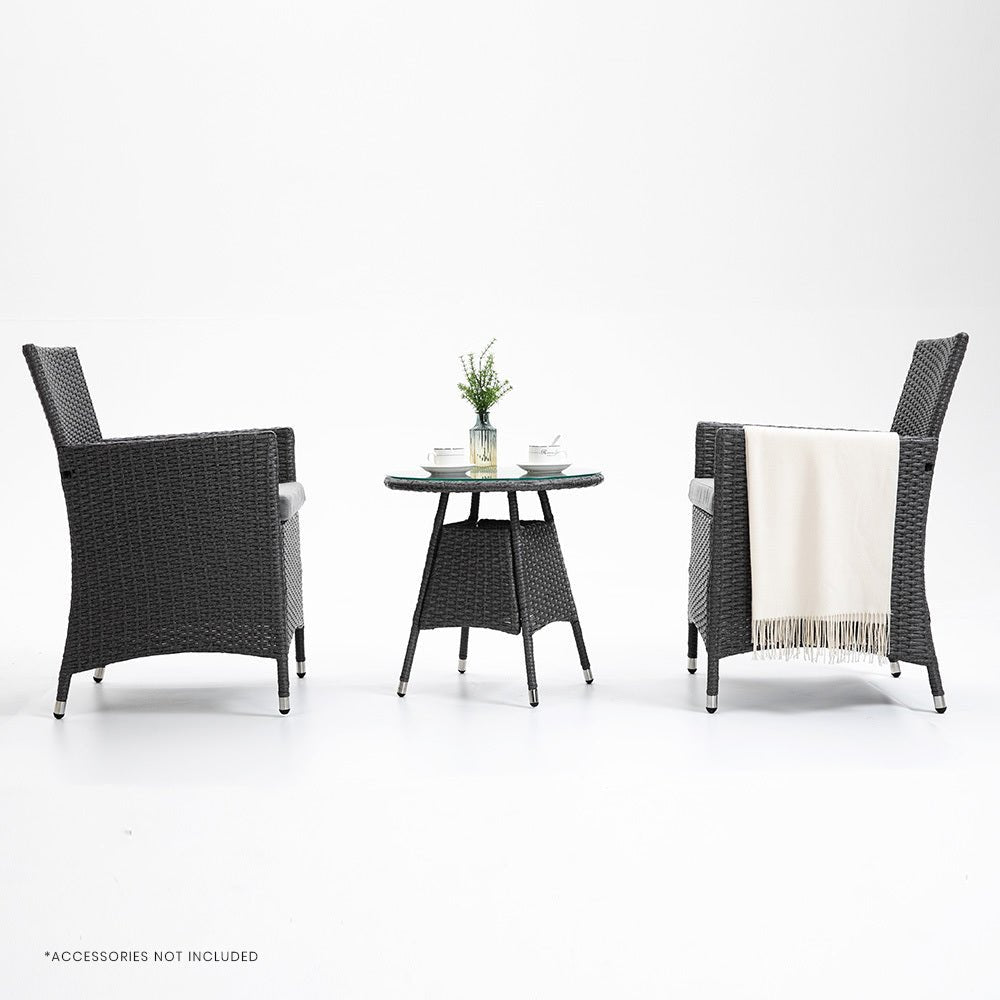 3 Piece Outdoor Patio Furniture Set - Grey Wicker Table and Chairs for Garden, Backyard, Poolside & Balcony Relaxation