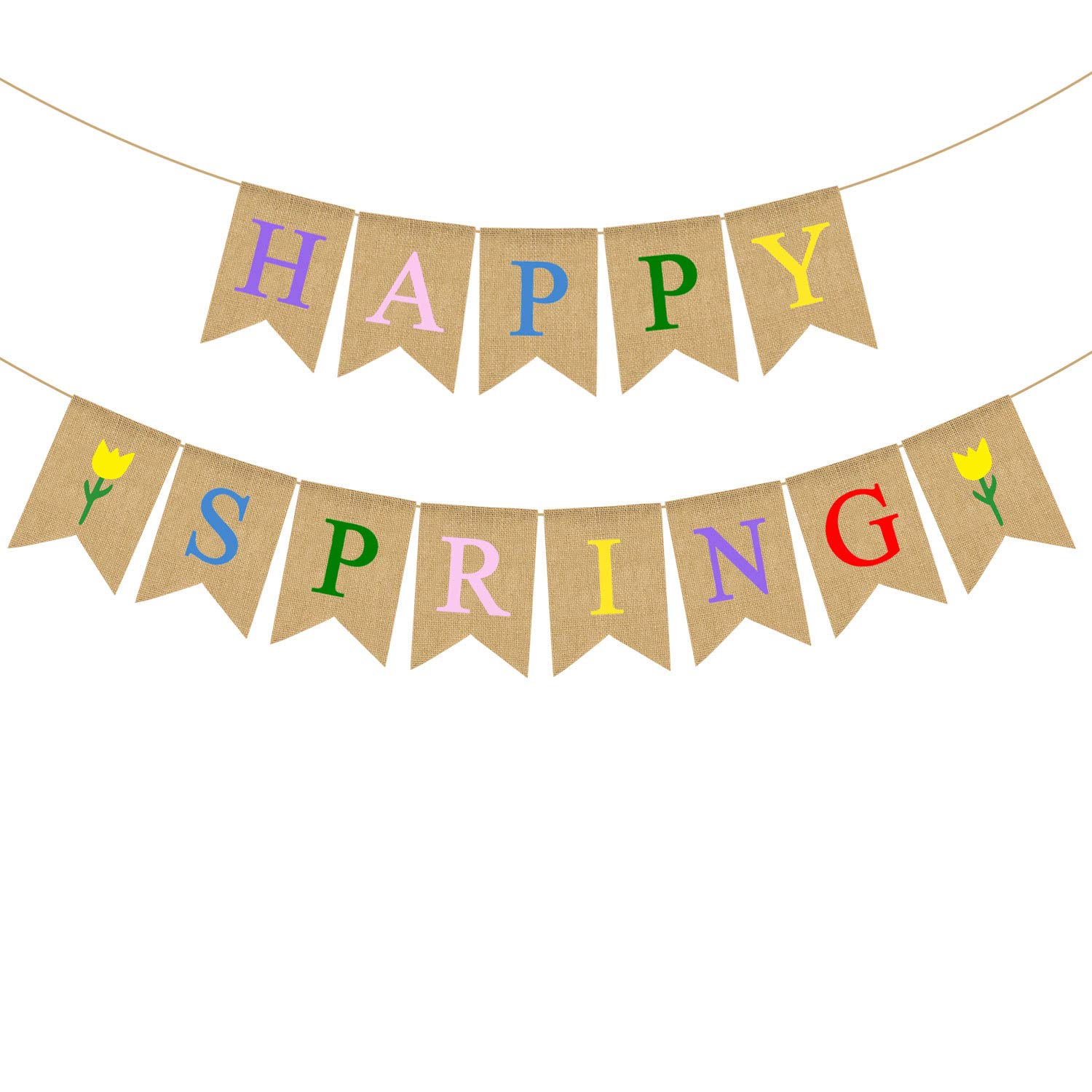 Happy Spring Jute Burlap Banner with Floral Design - Home Mantel Fireplace Decoration for Easter, Wedding & Garden Party Decor