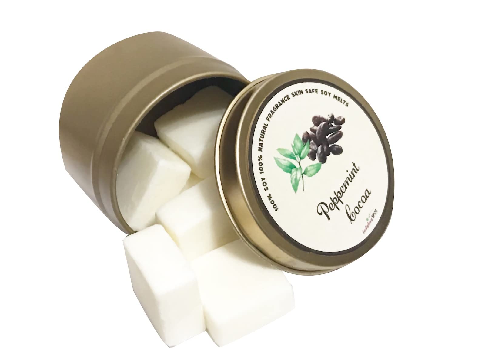 100% Natural Soy Wax Melts for Wax Warmers - Skin Safe, Travel Size Gold Tin Jar (2.6 oz) - Peppermint & Cocoa Scent - Perfect for Home, Office, Spa & Gifts