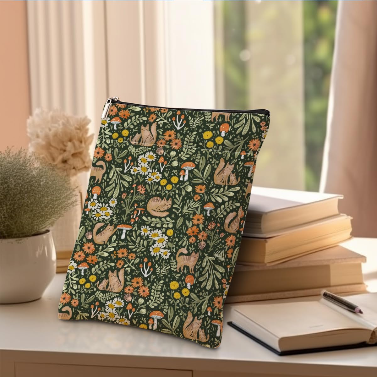 Premium Book Sleeve Protector - Zippered Book Cover for Hardcover & Paperback Books | Washable Floral Cat Print Book Pouch | Perfect Gift for Book Lovers, Teachers & Readers | Great for Travel, School & Library Use
