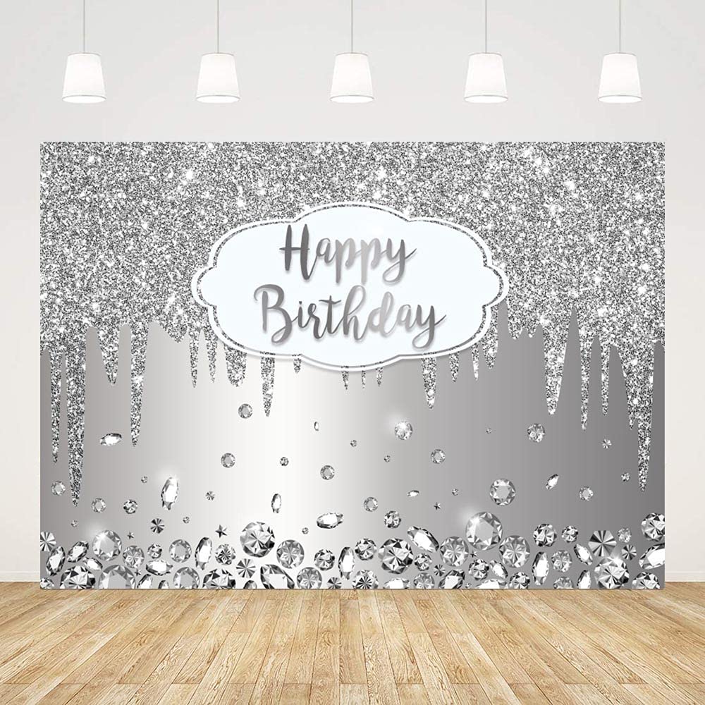 8x6ft Happy Birthday Backdrop - Dripping Glitter Crystal Diamond Silver Photo Background for Girls & Women | Bday Party Decorations, Cake Table Banner, Wall Decor Props | Perfect for Birthday Parties, Baby Showers & Photo Booths