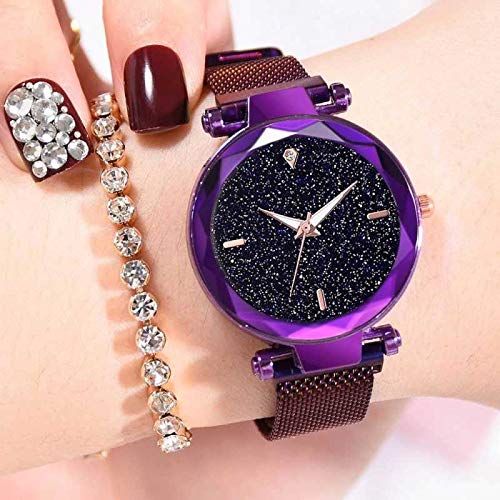 Acnos® Premium 3, 6, 9 Line & 12 Diamond Purple Analog Magnetic Watch for Women & Girls - Stylish 21st Century Design - Perfect for Office, School & Casual Outfits (MGNT-Purple)