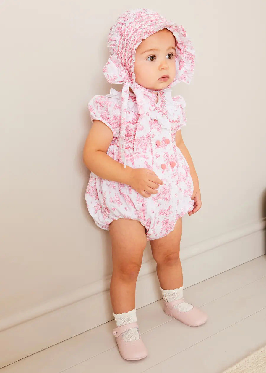 Audrey Toile Hand Smocked Baby Bonnet in Pink - Size S/M | Newborn Photoshoot & Christening Outfit Accessory