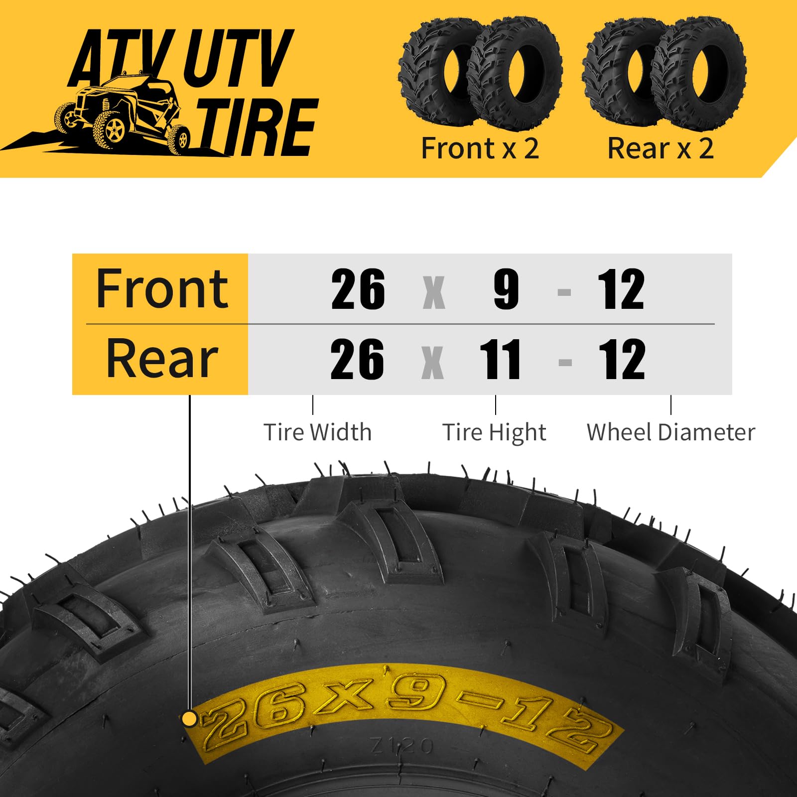 MOTORHOT Set of 4 ATV/UTV Tires 26x9-12 Front & 26x11-12 Rear - 6PR All-Terrain Tubeless Tires with 15mm Deep Tread for Trail, Sand & Off-Road Adventures