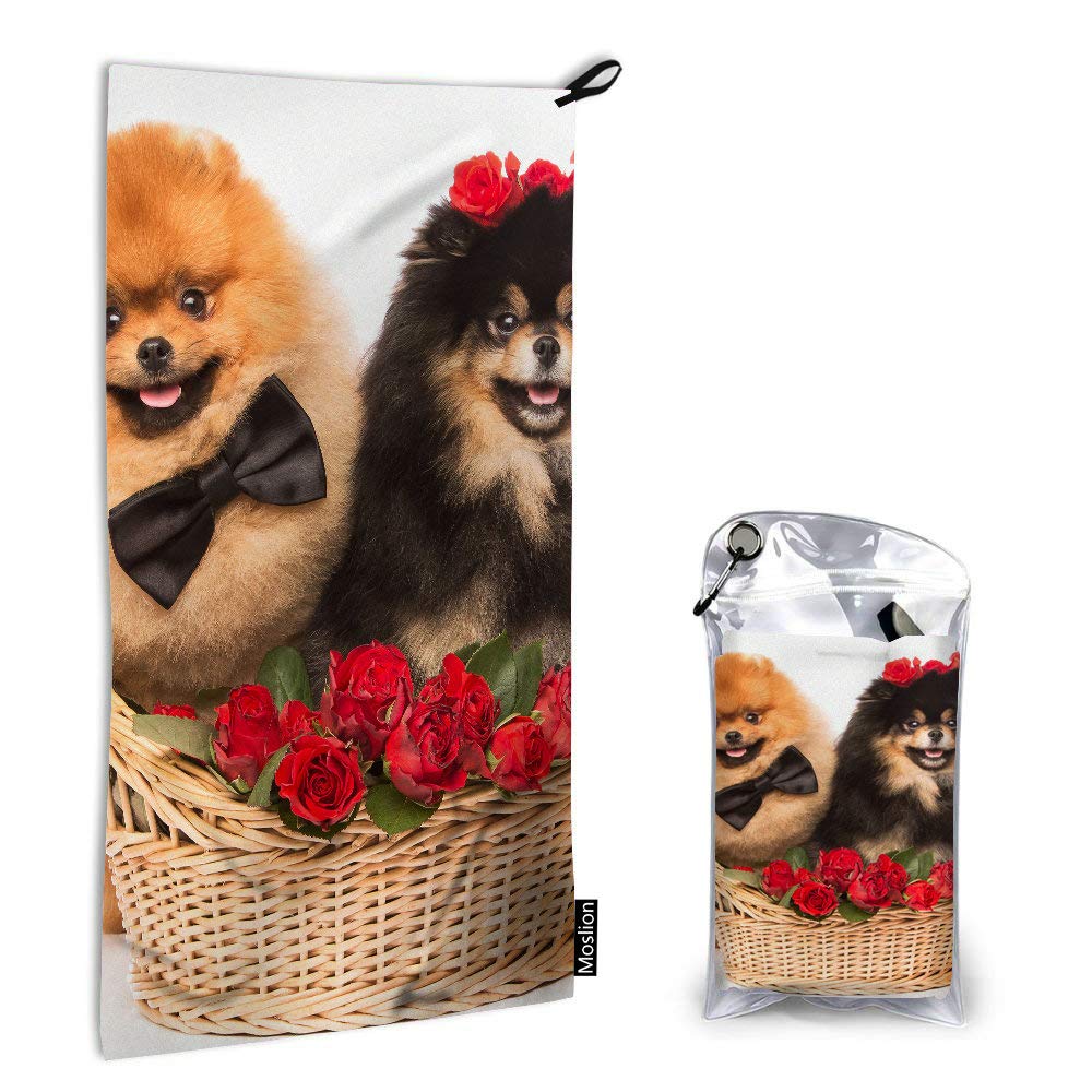 Moslion Quick Dry Hand Towel - Super Absorbent Microfiber Dog & Rose Print Bath Towel (15x31 Inch) for Bathroom, Kitchen, Pet Grooming & Home Decor