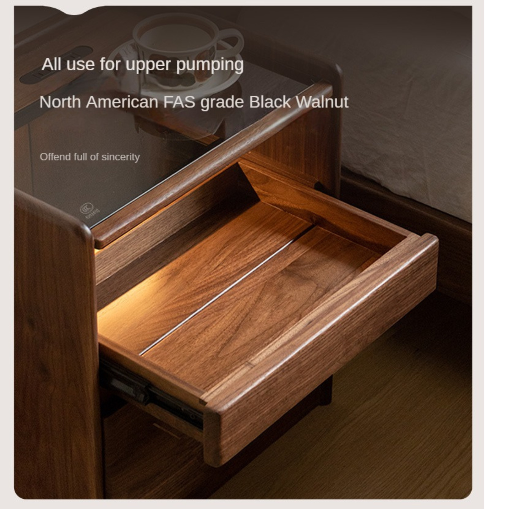 Solid Black Walnut Wood Nightstand with USB Outlet & Lamp - Perfect for Bedroom, Living Room, or Office Use
