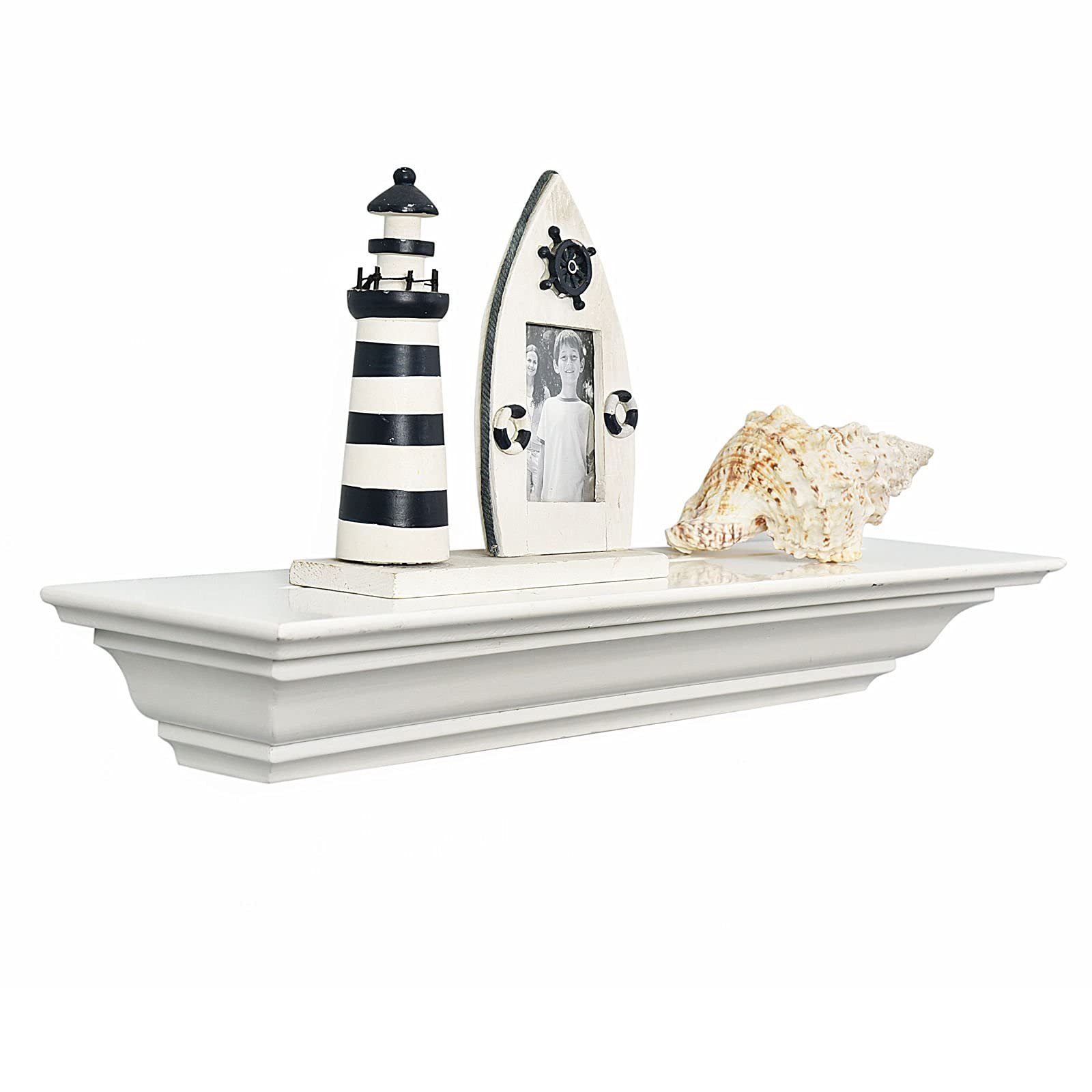 WELLAND 24 Inch White Floating Shelves - Solid Pine Wood Wall Mounted Shelves with Crown Molding, Perfect for Displaying Photos, Decor & Fireplace Mantel - Home Office & Living Room Decor