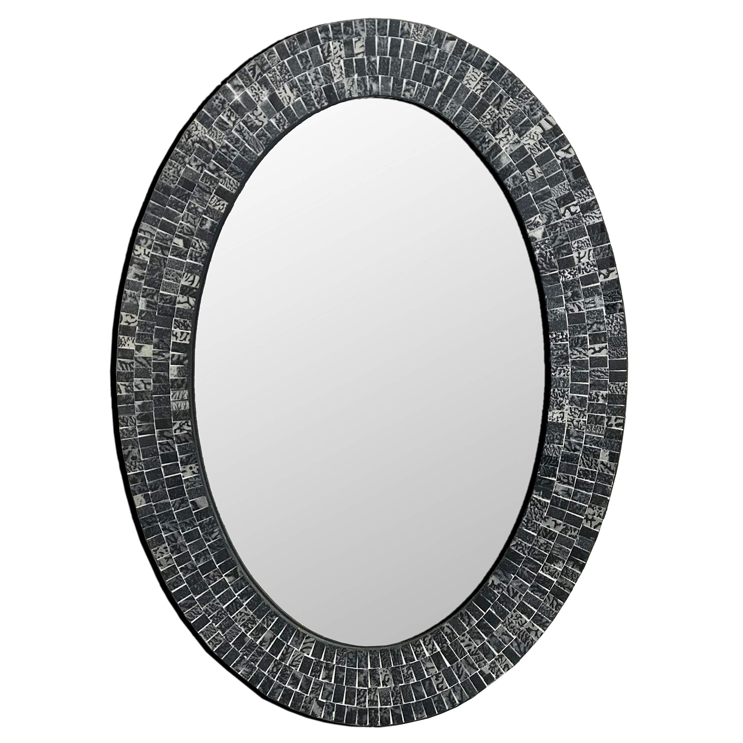 DecorShore Traditional Decorative Mosaic Mirror - 32x24 Inch Oval Hanging Wall Mirror in Black & Silver | Perfect for Living Room, Bedroom, Bathroom & Entryway Decor