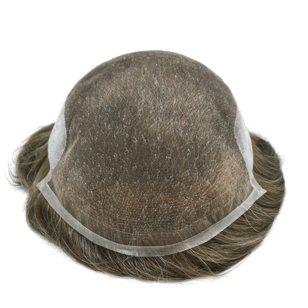 Natural Mens Toupee Human Hair Replacement System - Swiss Lace Base with PU Bleached Knots - 8x10 Inch Light Medium Density Hairpiece (Dark Ash Blonde 1720# with 20% Gray) - SINGA HAIR - Perfect for Daily Wear, Special Occasions & Hair Loss Solutions