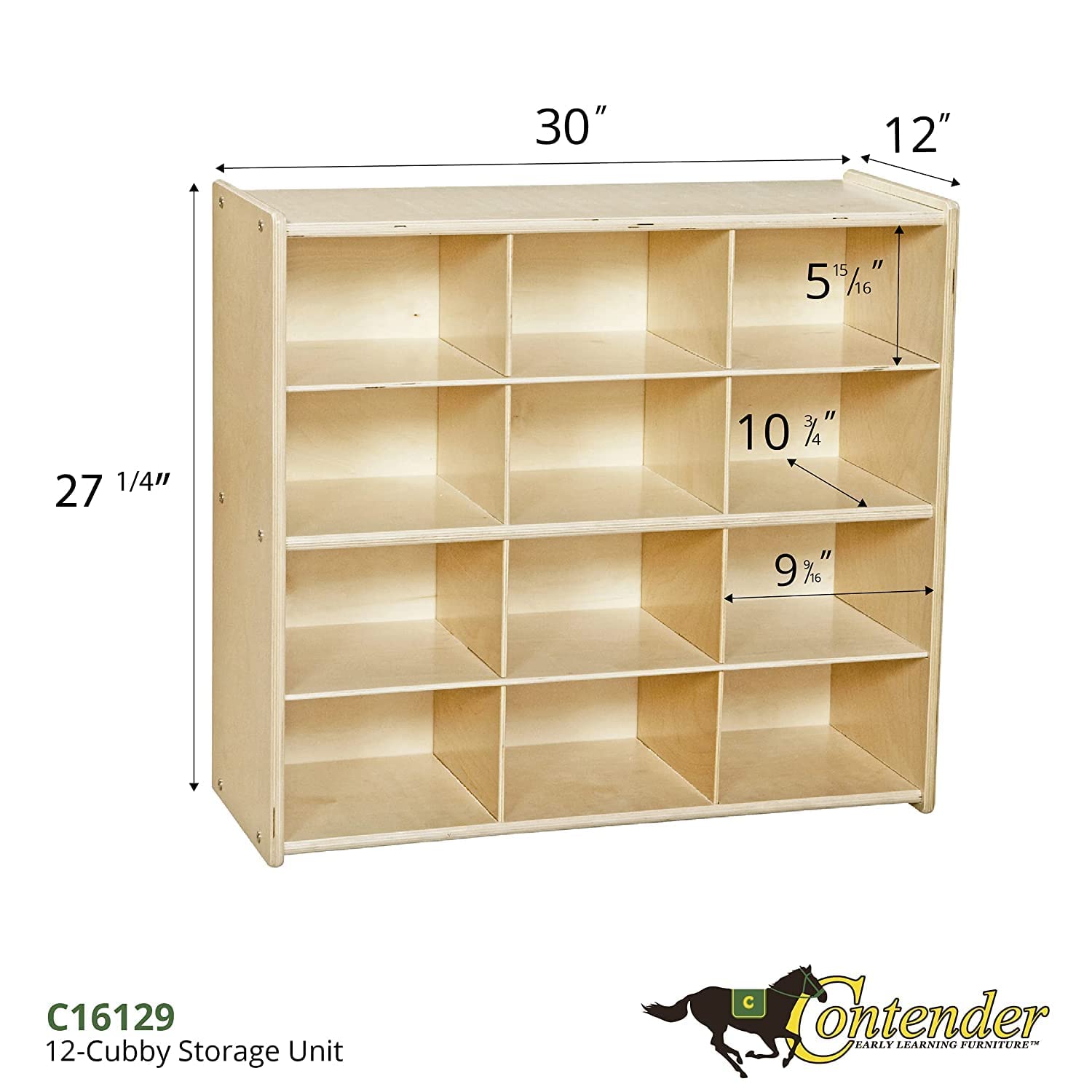 Contender 12-Section Kids Storage Unit with Brown Bins | Montessori Hardwood Toy Organizer for Toys, Art & Craft Supplies | Fully Assembled Cubby Shelf | Perfect for Playrooms, Classrooms & Daycare Centers