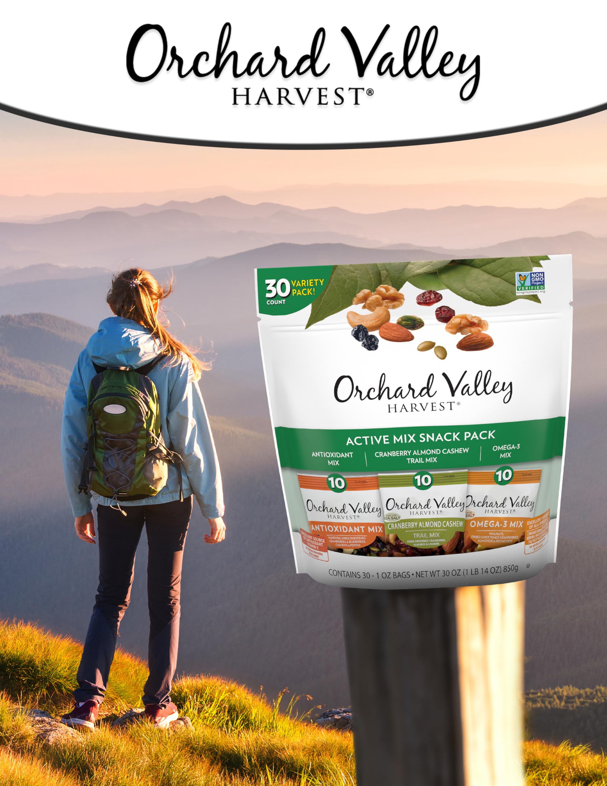 Orchard Valley Harvest Active Snack Pack Mix - 30 Count Variety Pack (1oz Bags) | Antioxidant Rich Trail Mix with Cranberries, Almonds & Cashews | High in Omega-3 | Gluten Free Healthy Snacks for Adults & Kids | Perfect for Hiking, Office Snacks & School Lunches