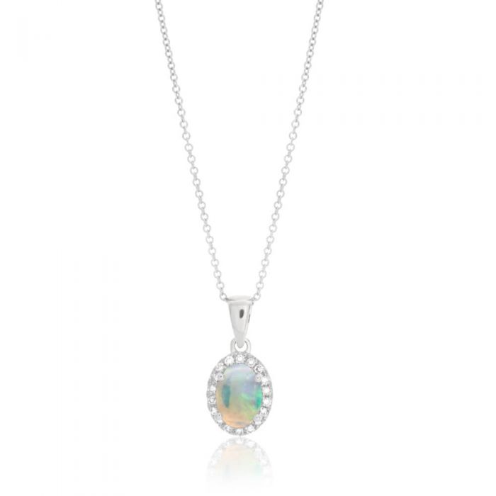9ct White Gold 0.45ct Natural White Opal and Diamond Halo Pendant Necklace with 45cm Chain - Elegant Jewelry Gift for Women, Perfect for Weddings, Anniversaries & Special Occasions