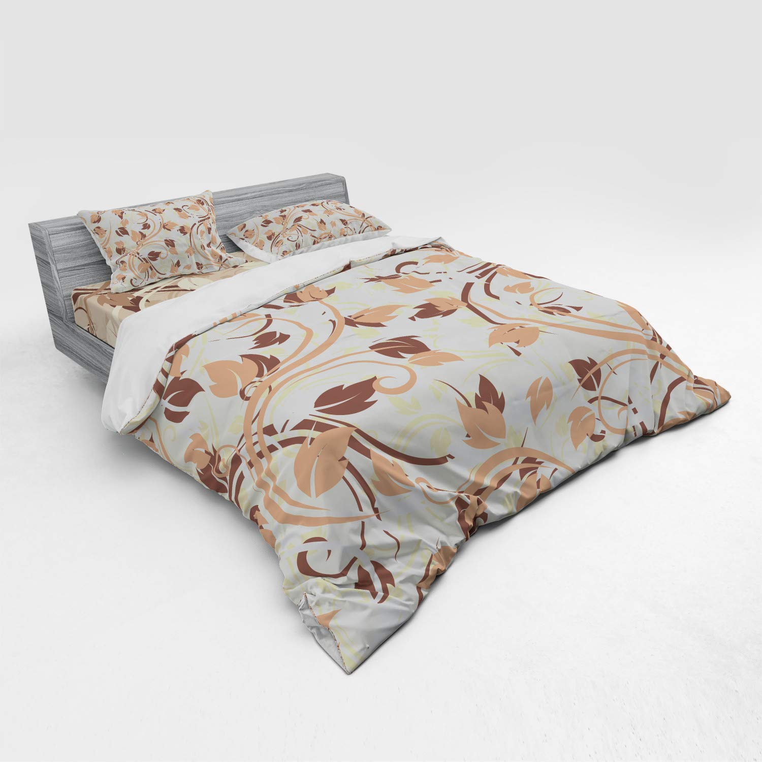 Ambesonne Ivory Duvet Cover Set - Autumn Leaves Fall Season Bedding 4 Piece Set with Shams & Fitted Sheet, King Size in Cream Umber Cocoa | Cozy Fall Bedroom Decor for Autumn & Thanksgiving