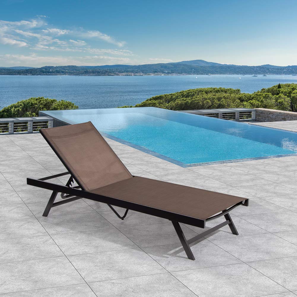 Crestlive Adjustable Aluminum Chaise Lounge Chair - 5-Position Recliner, Curved Outdoor Patio Furniture for Poolside, Beach, Backyard & Garden - All-Weather Brown Chaise Lounge for Relaxing in Sun