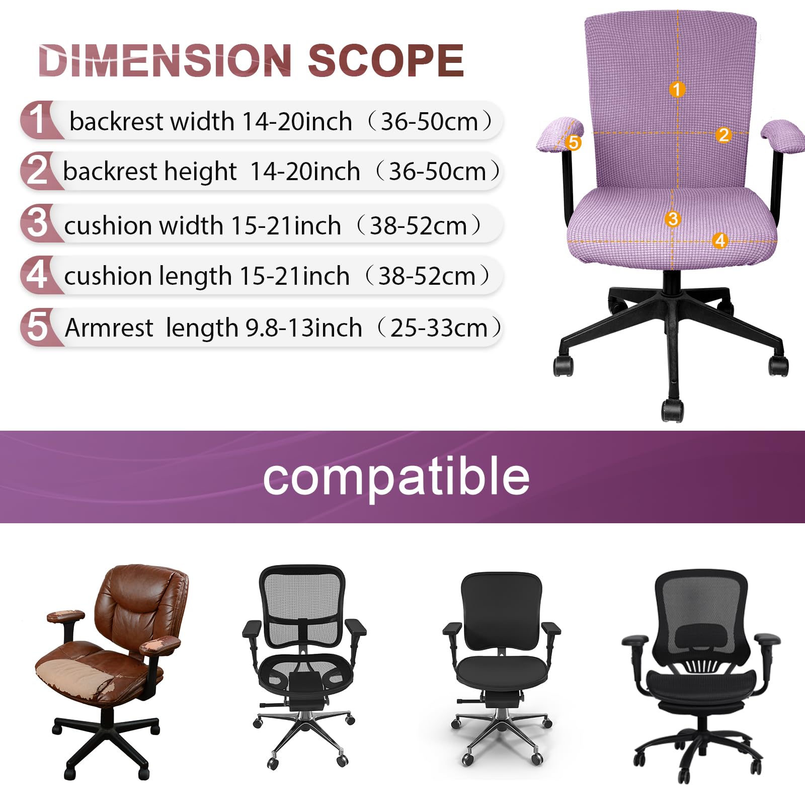Tallew 4-Piece Stretchable Office Chair Cover Set - Universal Computer Chair Protector with Seat, Armrest & Backrest Cushion Covers (Lilac Purple, Polyester) for Home & Office Workspace