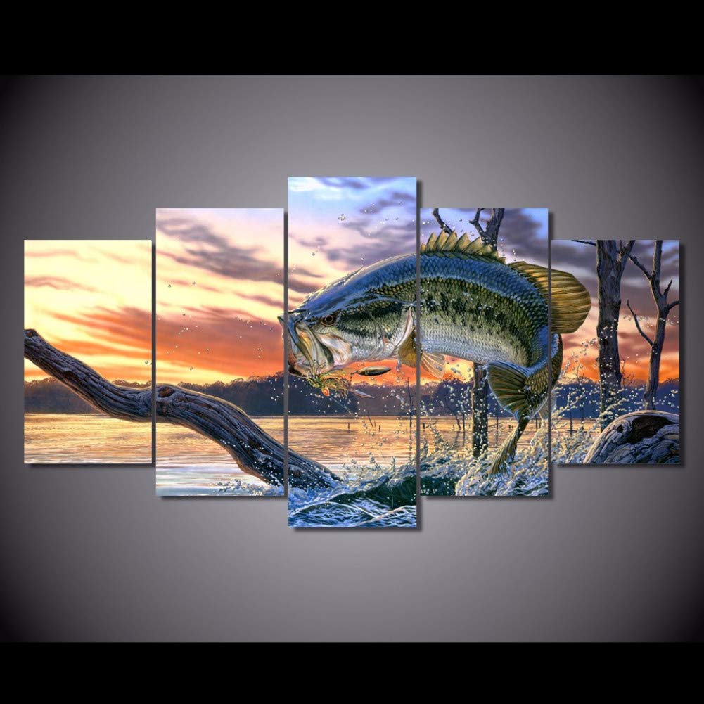 5 Piece Jumping Bass Fishing Canvas Wall Art - Handmade Oil Painting Prints for Home & Office Decor - Perfect for Living Room, Bedroom, or Cabin Wall Decor
