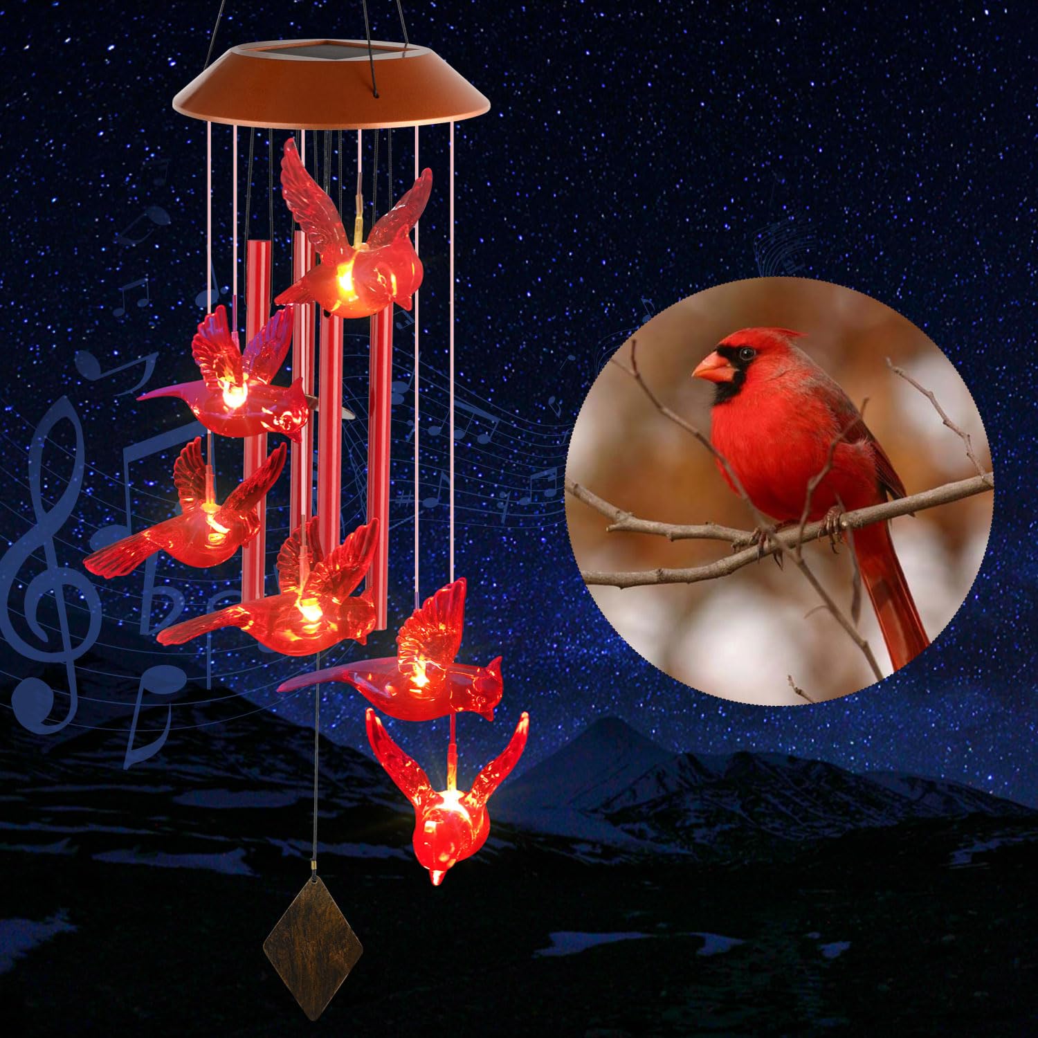 Solar Cardinal Wind Chime Lights - Unique Birthday & Gardening Gifts for Women, Mom, Grandma, Wife - Outdoor Garden Decor for Cardinal Lovers | Perfect for Patio, Backyard & Holiday Decorations
