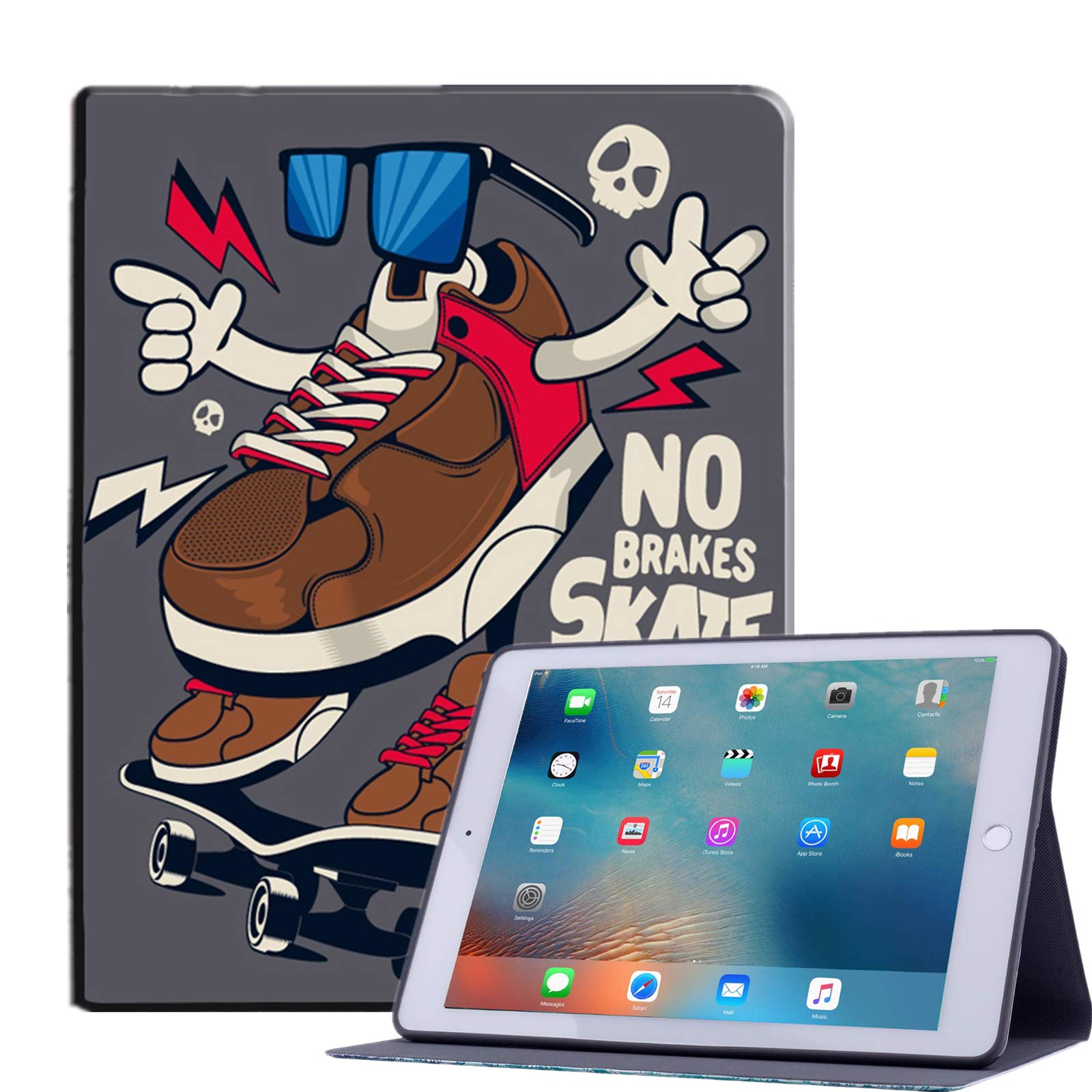 **Premium Shockproof iPad Air Case for 2018/2017 iPad 9.7-Inch & iPad Air 1/2 - Lightweight PU Leather Folio with Adjustable Stand (002-Skateboard) - Perfect for Work, Travel & Home Use**