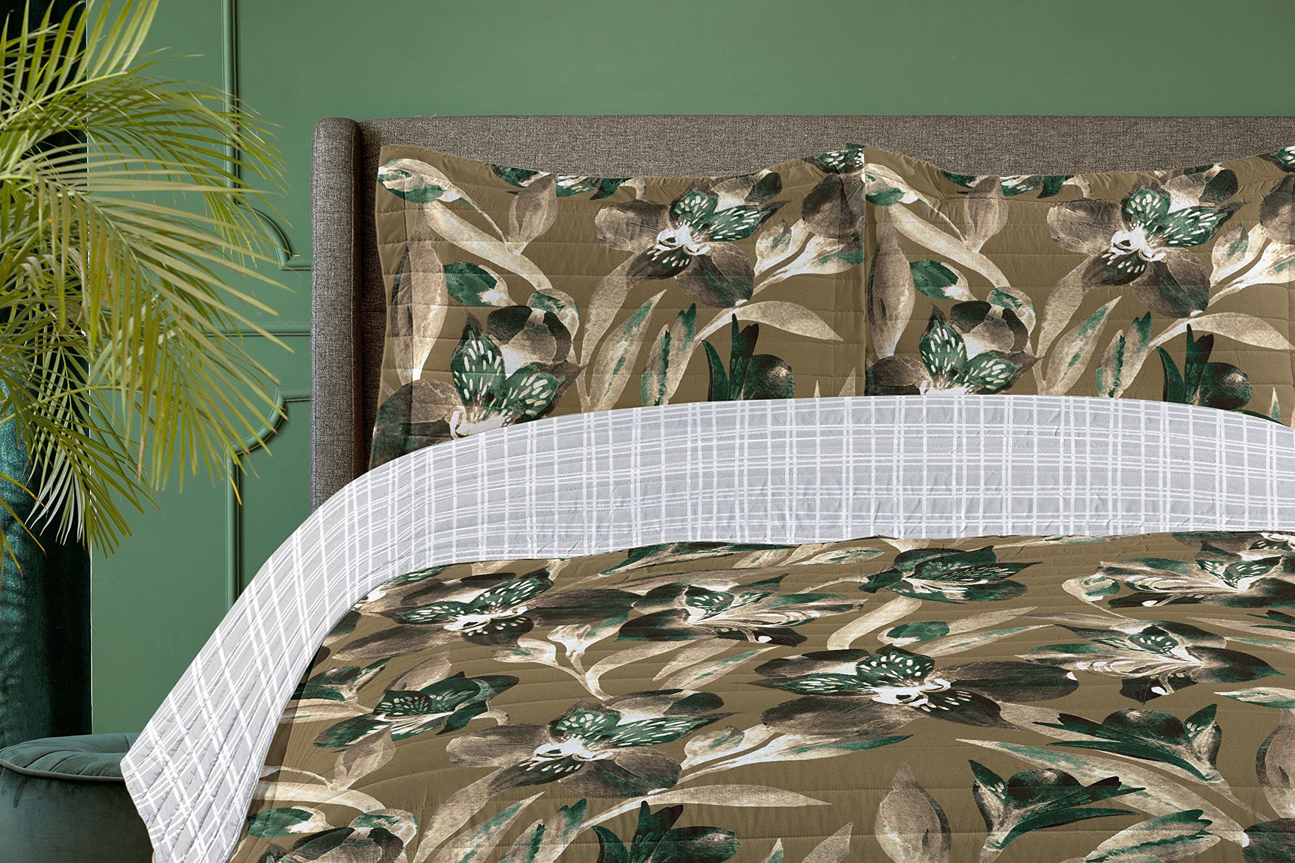 Ambesonne Reversible King Size Bedspread Set - Tropical Jungle Butterfly Design, Microfiber Comforter & Pillow Shams in Sepia White | Perfect for Spring Bedroom Decor, Guest Room Makeover, and Boho Chic Home Styling