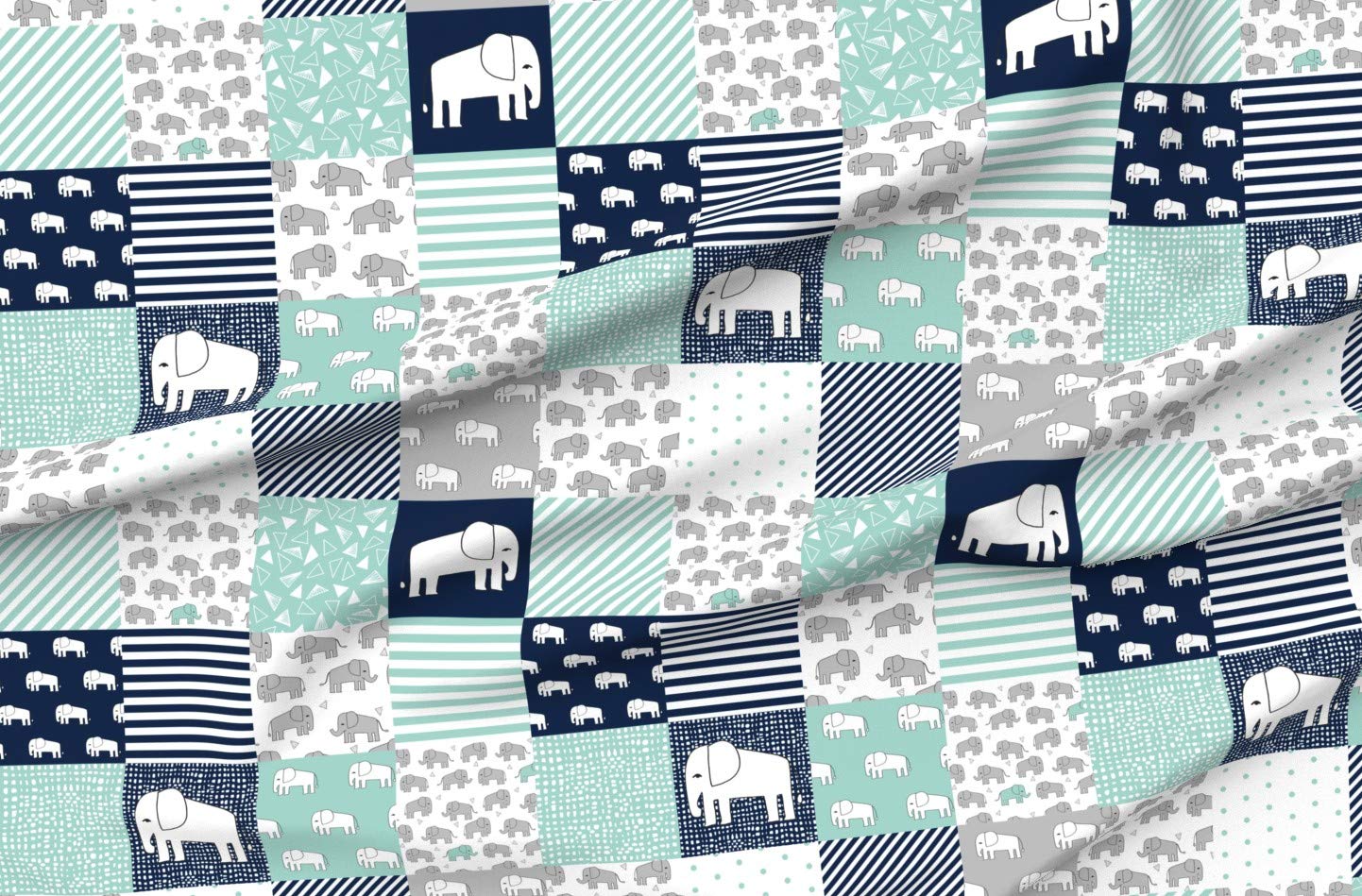 Elephant Nursery Fabric by Spoonflower - Organic Cotton Sateen Printed with Navy Mint Elephant Design for Quilting, Sewing, Apparel & Home Decor | Perfect for Baby Blankets, Curtains & DIY Craft Projects