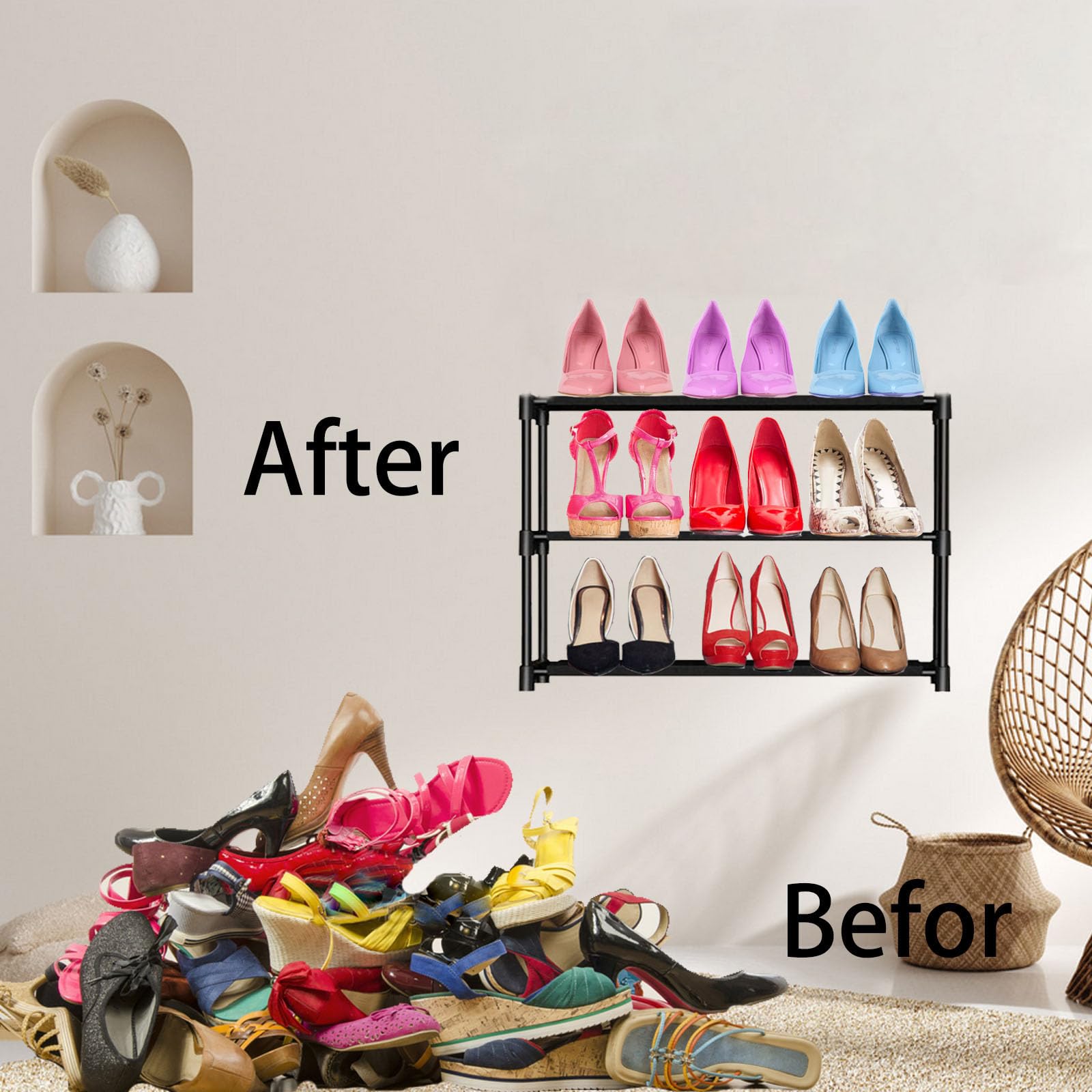 3-Tier Metal Shoe Rack Organizer - Holds 6-9 Pairs of Shoes | Dustproof & Waterproof Cover | Space-Saving Closet & Entryway Storage Solution for Home, Apartment & Dorm Organization (Black)