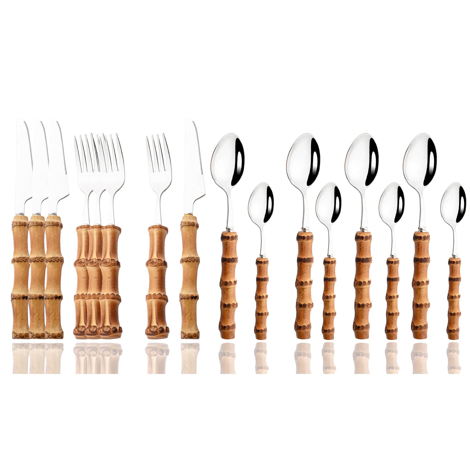 JASHII 16-Piece Natural Bamboo Flatware Set - Stainless Steel Silverware Cutlery with Bamboo Handle for 4 People, Mirror Polished Kitchen Utensils (Shiny Silver) - Perfect for Dinner Parties, Restaurants & Eco-Friendly Home Dining