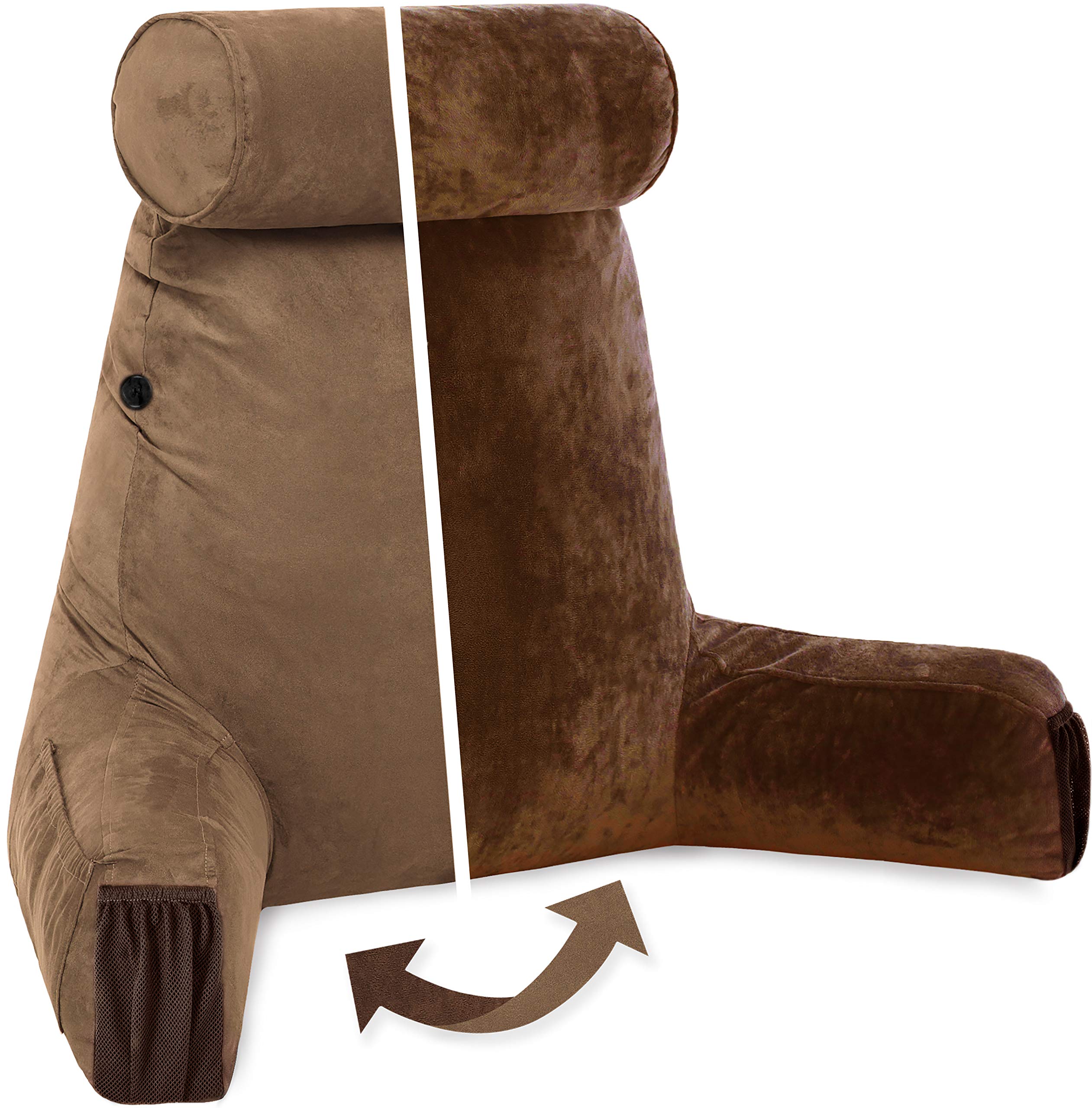 Husband Pillow Medium Aspen Edition - Saddle Brown Reading & Bed Rest Pillow with Arms, Ultra-Comfortable Memory Foam Backrest, Detachable Neck Roll (Reversible Microsuede/Plush) - Perfect for Sitting Up in Bed, Reading, Watching TV, or Recovering from Surgery